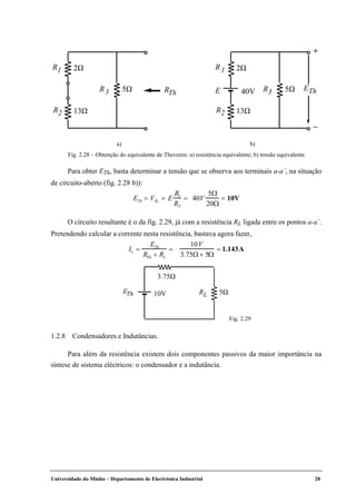Universidade do Minho – Departamento de Electrónica Industrial 28
Para obter ETh, basta determinar a tensão que se observa aos terminais a-a´, na situação
de circuito-aberto (fig. 2.28 b)):
ETh = VR3
= E
R3
RT
= 40V
5Ω
20Ω
= 10V
O circuito resultante é o da fig. 2.29, já com a resistência RL ligada entre os pontos a-a´.
Pretendendo calcular a corrente nesta resistência, bastava agora fazer,
IL =
ETh
RTh + RL
=
10V
3.75Ω+ 5Ω
= 1.143A
1.2.8 Condensadores e Indutâncias.
Para além da resistência existem dois componentes passivos da maior importância na
síntese de sistema eléctricos: o condensador e a indutância.
E
R1
40V
2Ω
R3
R2 13Ω
5Ω E
+
–
R1 2Ω
R3
R2 13Ω
5Ω RTh Th
a) b)
Fig. 2.28 – Obtenção do equivalente de Thevenin: a) resistência equivalente; b) tensão equivalente
10V RL 5Ω
3.75Ω
ThE
Fig. 2.29
 