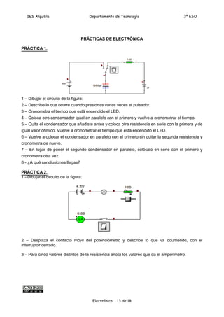 PRÁCTICAS DE ELECTRÓNICA
PRÁCTICA 1.
1 Dibujar el circuito de la figura:
2 Describe lo que ocurre cuando presionas varias veces el pulsador.
3 Cronometra el tiempo que está encendido el LED.
4 Coloca otro condensador igual en paralelo con el primero y vuelve a cronometrar el tiempo.
5 Quita el condensador que añadiste antes y coloca otra resistencia en serie con la primera y de
igual valor óhmico. Vuelve a cronometrar el tiempo que está encendido el LED.
6 Vuelve a colocar el condensador en paralelo con el primero sin quitar la segunda resistencia y
cronometra de nuevo.
7 En lugar de poner el segundo condensador en paralelo, colócalo en serie con el primero y
cronometra otra vez.
8 - ¿A qué conclusiones llegas?
PRÁCTICA 2.
1 - Dibujar el circuito de la figura:
2 Desplaza el contacto móvil del potenciómetro y describe lo que va ocurriendo, con el
interruptor cerrado.
3 Para cinco valores distintos de la resistencia anota los valores que da el amperímetro.
IES Alquibla Departamento de Tecnología 3º ESO
Electrónica 13 de 18
 