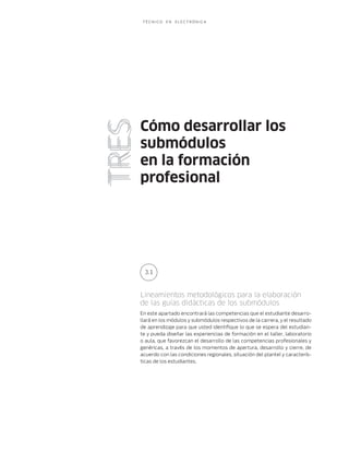 TÉCNICO   EN   ELECTRÓNICA




TRES   Cómo desarrollar los
       submódulos
       en la formación
       profesional




        3.1



       Lineamientos metodológicos para la elaboración
       de las guías didácticas de los submódulos
       En este apartado encontrará las competencias que el estudiante desarro-
       llará en los módulos y submódulos respectivos de la carrera, y el resultado
       de aprendizaje para que usted identiﬁque lo que se espera del estudian-
       te y pueda diseñar las experiencias de formación en el taller, laboratorio
       o aula, que favorezcan el desarrollo de las competencias profesionales y
       genéricas, a través de los momentos de apertura, desarrollo y cierre, de
       acuerdo con las condiciones regionales, situación del plantel y caracterís-
       ticas de los estudiantes.
 
