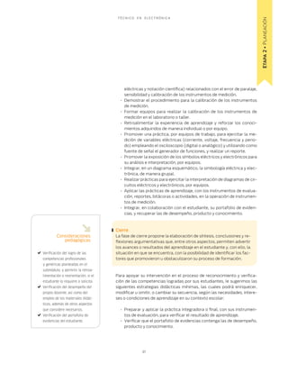 Etapa 2 • Planeación
                                      TÉCNICO    EN    ELECTRÓNICA




                                           eléctricas y notación cientíﬁca) relacionados con el error de paralaje,
                                           sensibilidad y calibración de los instrumentos de medición.
                                       •   Demostrar el procedimiento para la calibración de los instrumentos
                                           de medición.
                                       •   Formar equipos para realizar la calibración de los instrumentos de
                                           medición en el laboratorio o taller.
                                       •   Retroalimentar la experiencia de aprendizaje y reforzar los conoci-
                                           mientos adquiridos de manera individual o por equipo.
                                       •   Promover una práctica, por equipos de trabajo, para ejercitar la me-
                                           dición de variables eléctricas (corriente, voltaje, frecuencia y perio-
                                           do) empleando el osciloscopio (digital o analógico) y utilizando como
                                           fuente de señal el generador de funciones, y realizar un reporte.
                                       •   Promover la exposición de los símbolos eléctricos y electrónicos para
                                           su análisis e interpretación, por equipos.
                                       •   Integrar, en un diagrama esquemático, la simbología eléctrica y elec-
                                           trónica, de manera grupal.
                                       •   Realizar prácticas para ejercitar la interpretación de diagramas de cir-
                                           cuitos eléctricos y electrónicos, por equipos.
                                       •   Aplicar las prácticas de aprendizaje, con los instrumentos de evalua-
                                           ción, reportes, bitácoras o actividades, en la operación de instrumen-
                                           tos de medición.
                                       •   Integrar, en colaboración con el estudiante, su portafolio de eviden-
                                           cias, y recuperar las de desempeño, producto y conocimiento.



                                     Cierre
         Consideraciones             La fase de cierre propone la elaboración de síntesis, conclusiones y re-
            pedagógicas              ﬂexiones argumentativas que, entre otros aspectos, permiten advertir
                                     los avances o resultados del aprendizaje en el estudiante y, con ello, la
Veriﬁcación del logro de las         situación en que se encuentra, con la posibilidad de identiﬁcar los fac-
competencias profesionales           tores que promovieron u obstaculizaron su proceso de formación.
y genéricas planteadas en el
submódulo, y permitir la retroa-
limentación o reorientación, si el   Para apoyar su intervención en el proceso de reconocimiento y veriﬁca-
estudiante lo requiere o solicita.   ción de las competencias logradas por sus estudiantes, le sugerimos las
Veriﬁcación del desempeño del        siguientes estrategias didácticas mínimas, las cuales podrá enriquecer,
propio docente, así como del         modiﬁcar u omitir, o cambiar su secuencia, según las necesidades, intere-
empleo de los materiales didác-      ses o condiciones de aprendizaje en su contexto escolar:
ticos, además de otros aspectos
que considere necesarios.              • Preparar y aplicar la práctica integradora o ﬁnal, con sus instrumen-
Veriﬁcación del portafolio de            tos de evaluación, para veriﬁcar el resultado de aprendizaje.
evidencias del estudiante.             • Veriﬁcar que el portafolio de evidencias contenga las de desempeño,
                                         producto y conocimiento.




                                                      37
 