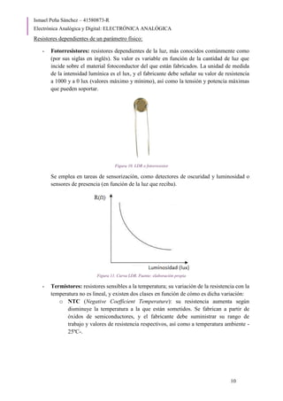 Ismael Peña Sánchez – 41580873-R
Electrónica Analógica y Digital: ELECTRÓNICA ANALÓGICA
10
Resistores dependientes de un parámetro físico:
- Fotorresistores: resistores dependientes de la luz, más conocidos comúnmente como
(por sus siglas en inglés). Su valor es variable en función de la cantidad de luz que
incide sobre el material fotoconductor del que están fabricados. La unidad de medida
de la intensidad lumínica es el lux, y el fabricante debe señalar su valor de resistencia
a 1000 y a 0 lux (valores máximo y mínimo), así como la tensión y potencia máximas
que pueden soportar.
Figura 10. LDR o fotorresistor
Se emplea en tareas de sensorización, como detectores de oscuridad y luminosidad o
sensores de presencia (en función de la luz que reciba).
Figura 11. Curva LDR. Fuente: elaboración propia
- Termistores: resistores sensibles a la temperatura; su variación de la resistencia con la
temperatura no es lineal, y existen dos clases en función de cómo es dicha variación:
o NTC (Negative Coefficient Temperature): su resistencia aumenta según
disminuye la temperatura a la que están sometidos. Se fabrican a partir de
óxidos de semiconductores, y el fabricante debe suministrar su rango de
trabajo y valores de resistencia respectivos, así como a temperatura ambiente -
25ºC-.
 