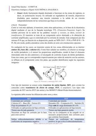Ismael Peña Sánchez – 41580873-R
Electrónica Analógica y Digital: ELECTRÓNICA ANALÓGICA
17
- Zener: diodo fuertemente dopado destinado a funcionar en las zonas de rupturas, es
decir, en polarización inversa. Es utilizado en reguladores de tensión, dispositivos
diseñados para mantener una tensión constante a la salida de un circuito
independientemente de las variaciones que haya en la entrada.
2.4.2.2. Transistor
Como se verá más adelante, el transistor, entre otras aplicaciones, es la base de la electrónica
digital mediante el uso de la llamada tecnología TTL (Transistor-Transistor Logic). Su
nombre proviene de la unión de las palabras transfer y resistor, es decir, resistor de
transferencia. El transistor se trata de un componente activo destinado a la obtención de
corriente amplificada y que es controlado por la corriente de entrada. Está compuesto por dos
uniones P-N que, en función de su disposición, puede ser NPN (N-P + P-N) o PNP (P-N + N-
P). De este modo, podría entenderse como dos diodos en serie con orientaciones opuestas.
En cualquiera de los casos, un transistor consta de tres zonas diferenciadas en su interior:
emisor (E), base (B) y colector (C). Como bien señalan sus nombres, el colector se encarga
de recibir portadores y el emisor los proporciona amplificados, siendo la base el elemento
intercalado entre los dos anteriores y el encargado de controlar el paso de dichos portadores.
Estas tres zonas, que se corresponden respectivamente por orden de mención con las uniones,
se reflejan en el componente como tres patas, que pueden identificarse según las siguientes
imágenes:
Figura 24. Transistor y simbología PNP y NPN
Este tipo de transistor se conoce como transistor de unión bipolar, BJT, pero existen los
conocidos como transistores de efecto de campo, FET, o unipolares. Los tipos más
conocidos de FET son los JFET (de unión) y los MOSFET (Metal-Óxido-Semiconductor).
La siguiente tabla resume las diferencias entre unos y otros:
BJT FET
Controlado por corriente Controlado por tensión
Colector (C) – Base (B) – Emisor (E) Drenador (D) – Compuerta (G) – Surtidor (S)
Flujo de portadores N y P Flujo solo de carga dominante (N o P)
Utilizados en aplicaciones de baja corriente Utilizados en aplicaciones de baja tensión
Tienen una elevada ganancia Tienen una baja ganancia media
Necesitan un flujo de corriente por la base
para estar activos
Una vez la compuerta se ha cargado no es
necesario proporcionarle más corriente para
que continúe funcionando
Sufren sobrecalentamientos debido a su
coeficiente de temperatura negativo
Tienen un coeficiente de temperatura
positivo, lo que evita el sobrecalentamiento
Tabla 2. Diferencias principales entre BJT y FET
 