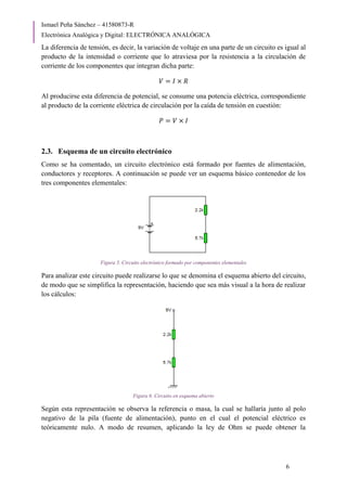 Ismael Peña Sánchez – 41580873-R
Electrónica Analógica y Digital: ELECTRÓNICA ANALÓGICA
6
La diferencia de tensión, es decir, la variación de voltaje en una parte de un circuito es igual al
producto de la intensidad o corriente que lo atraviesa por la resistencia a la circulación de
corriente de los componentes que integran dicha parte:
𝑉 = 𝐼 × 𝑅
Al producirse esta diferencia de potencial, se consume una potencia eléctrica, correspondiente
al producto de la corriente eléctrica de circulación por la caída de tensión en cuestión:
𝑃 = 𝑉 × 𝐼
2.3. Esquema de un circuito electrónico
Como se ha comentado, un circuito electrónico está formado por fuentes de alimentación,
conductores y receptores. A continuación se puede ver un esquema básico contenedor de los
tres componentes elementales:
Figura 5. Circuito electrónico formado por componentes elementales
Para analizar este circuito puede realizarse lo que se denomina el esquema abierto del circuito,
de modo que se simplifica la representación, haciendo que sea más visual a la hora de realizar
los cálculos:
Figura 6. Circuito en esquema abierto
Según esta representación se observa la referencia o masa, la cual se hallaría junto al polo
negativo de la pila (fuente de alimentación), punto en el cual el potencial eléctrico es
teóricamente nulo. A modo de resumen, aplicando la ley de Ohm se puede obtener la
 