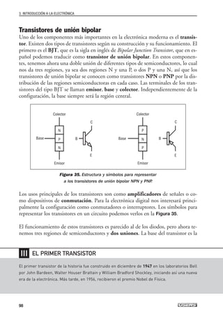 Transistores de unión bipolar
Uno de los componentes más importantes en la electrónica moderna es el transis-
tor. Existen dos tipos de transistores según su construcción y su funcionamiento. El
primero es el BJT, que es la sigla en inglés de Bipolar Junction Transistor, que en es-
pañol podemos traducir como transistor de unión bipolar. En estos componen-
tes, tenemos ahora una doble unión de diferentes tipos de semiconductores, lo cual
nos da tres regiones, ya sea dos regiones N y una P, o dos P y una N, así que los
transistores de unión bipolar se conocen como transistores NPN o PNP por la dis-
tribución de las regiones semiconductoras en cada caso. Las terminales de los tran-
sistores del tipo BJT se llaman emisor, base y colector. Independientemente de la
configuración, la base siempre será la región central.
Figura 35. Estructura y símbolos para representar
a los transistores de unión bipolar NPN y PNP
.
Los usos principales de los transistores son como amplificadores de señales o co-
mo dispositivos de conmutación. Para la electrónica digital nos interesará princi-
palmente la configuración como conmutadores o interruptores. Los símbolos para
representar los transistores en un circuito podemos verlos en la Figura 35.
El funcionamiento de estos transistores es parecido al de los diodos, pero ahora te-
nemos tres regiones de semiconductores y dos uniones. La base del transistor es la
3. INTRODUCCIÓN A LA ELECTRÓNICA
98
El primer transistor de la historia fue construido en diciembre de 1947 en los laboratorios Bell
por John Bardeen, Walter Houser Brattain y William Bradford Shockley, iniciando así una nueva
era de la electrónica. Más tarde, en 1956, recibieron el premio Nobel de Física.
EL PRIMER TRANSISTOR
❘❘❘
Colector
N
P
N
Emisor
Base Base
Colector
P
N
P
Emisor
B
E
B
C C
E
03_ElectronicaDigital.qxp 24/06/2008 15:44 Página 98
 