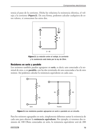 tencia al paso de la corriente. Dicha ley relaciona la resistencia eléctrica, el vol-
taje y la corriente (Figura 2). De esta forma, podemos calcular cualquiera de es-
tos valores, si conocemos los otros dos.
Figura 2. La relación entre el voltaje, la corriente
y la resistencia está dada por la ley de Ohm.
Resistores en serie y paralelo
Los resistores también pueden agruparse en serie, es decir, uno conectado a la ter-
minal de otro, o en paralelo, con las dos terminales de uno conectadas a las de otro
resistor. Así podemos calcular la resistencia equivalente en cada caso.
Figura 3. Los resistores pueden agruparse en serie o paralelo en un circuito.
Para los resistores agrupados en serie, simplemente debemos sumar la resistencia de
cada uno para obtener la resistencia equivalente. Por ejemplo, si tenemos dos re-
sistores de 100 Ohms conectados en serie, la resistencia equivalente será de 200
Componentes electrónicos
73
V = IR
R
V
I
Serie Paralelo
R2
R1
R2
R1
+
--
03_ElectronicaDigital.qxp 24/06/2008 15:43 Página 73
 