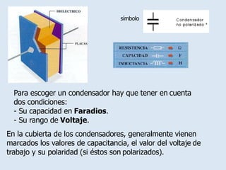 símbolo
Para escoger un condensador hay que tener en cuenta
dos condiciones:
- Su capacidad en Faradios.
- Su rango de Voltaje.
En la cubierta de los condensadores, generalmente vienen
marcados los valores de capacitancia, el valor del voltaje de
trabajo y su polaridad (si éstos son polarizados).
 