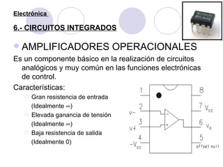 Electrónica  6.- CIRCUITOS INTEGRADOS <ul><li>AMPLIFICADORES OPERACIONALES </li></ul><ul><li>Es un componente básico en la...