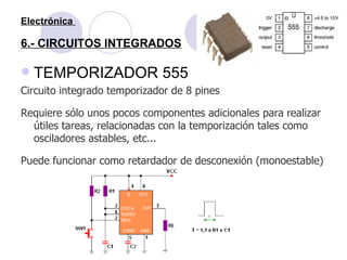 Electrónica  6.- CIRCUITOS INTEGRADOS <ul><li>TEMPORIZADOR 555 </li></ul><ul><li>Circuito integrado temporizador de 8 pine...