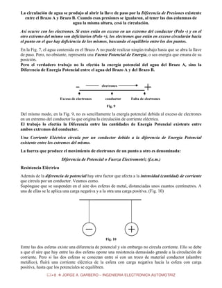 La circulación de agua se produjo al abrir la llave de paso por la Diferencia de Presiones existente
entre el Brazo A y Brazo B. Cuando esas presiones se igualaron, al tener las dos columnas de
agua la misma altura, cesó la circulación.
Así ocurre con los electrones. Si estos están en exceso en un extremo del conductor (Polo -) y en el
otro extremo del mismo son deficitarios (Polo +), los electrones que están en exceso circularán hacia
el punto en el que hay deficiencia de los mismos, buscando el equilibrio entre los dos puntos.
En la Fig. 7, el agua contenida en el Brazo A no puede realizar ningún trabajo hasta que se abra la llave
de paso. Pero, no obstante, representa una Fuente Potencial de Energía, o sea energía que emana de su
posición.
Pero el verdadero trabajo no lo efectúa la energía potencial del agua del Brazo A, sino la
Diferencia de Energía Potencial entre el agua del Brazo A y del Brazo B.

electrones

Exceso de electrones

conductor

Falta de electrones

Fig. 9

Del mismo modo, en la Fig. 9, no es sencillamente la energía potencial debida al exceso de electrones
en un extremo del conductor lo que origina la circulación de corriente eléctrica.
El trabajo lo efectúa la Diferencia entre las cantidades de Energía Potencial existente entre
ambos extremos del conductor.
Una Corriente Eléctrica circula por un conductor debido a la diferencia de Energía Potencial
existente entre los extremos del mismo.
La fuerza que produce el movimiento de electrones de un punto a otro es denominada:
Diferencia de Potencial o Fuerza Electromotriz (f.e.m.)
Resistencia Eléctrica
Además de la diferencia de potencial hay otro factor que afecta a la intensidad (cantidad) de corriente
que circula por un conductor. Veamos como.
Supóngase que se suspenden en el aire dos esferas de metal, distanciadas unos cuantos centímetros. A
una de ellas se le aplica una carga negativa y a la otra una carga positiva. (Fig. 10)

Fig. 10

Entre las dos esferas existe una diferencia de potencial y sin embargo no circula corriente. Ello se debe
a que el aire que hay entre las dos esferas opone una resistencia demasiado grande a la circulación de
corriente. Pero si las dos esferas se conectan entre sí con un trozo de material conductor (alambre
metálico), fluirá una corriente eléctrica de la esfera con carga negativa hacia la esfera con carga
positiva, hasta que los potenciales se equilibren.
8

JORGE A. GARBERO – INGENIERIA ELECTRONICA AUTOMOTRIZ

 