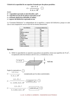 Cálculo de la capacidad de un capacitor formado por dos placas paralelas:
1,11 x S x ε
1
C=
6
4 x π x e x 10
donde:
C = capacidad expresada en microfaradios (µF)
µ
S = superficie de una de las placas expresada en cm2
ε = constante dieléctrica (obtenible en tablas)
e = espesor del dieléctrico expresado en cm.
La “Constante Dieléctrica” es independiente de la superficie y espesor del dieléctrico, porque en cada
caso es una comparación con un vacío de las mismas dimensiones.
MATERIAL
Vacío
Aire
Papel de asbesto
Resina
Caucho duro
Papel seco
Cristal común
Cuarzo
Mica
Cerámica
Vidrio fino
Vidrio ordinario

Constante Dieléctrica
1,0
1,00059
2,7
2,5
2,8
3,5
4,2
4,5
4,5 a 7
5,5
7,0
7,0 a 9

Ejemplo:
1. Hallar la capacidad de un capacitor cuyas placas son paralelas, tienen una superficie de 35 cm2 ,
la separación entre las mismas es de 0,12 cm. y el dieléctrico es aire.

S= 35 cm2

Según lo expresado en
1,11 x S x ε
C=
4 x π x e x 106

0,12 cm.

1

reemplazando por los datos suministrados

1,11 x 35 x 1
C=
4 x 3,1416 x 0,12 x 10

6

= 0,0000257 µF

A

1,11 x 35 x 7
C=

=
4 x 3,1416 x 0,12 x 10

0,0001803 µF

B

6

33

JORGE A. GARBERO – INGENIERIA ELECTRONICA

 