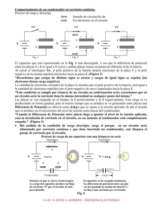 Comportamiento de un condensador en corriente continúa.
Proceso de carga y descarga.
Sentido de circulación de
los electrones en el circuito
SW

SW

SW

+ +
1

+

++++++++

1

V

1

V

V

2

2

2

- Fig. 1

-

Fig. 2

Fig. 3

El capacitor que está representado en la Fig. 1 está descargado, o sea que la diferencia de potencial
entre las placas 1 y 2 es igual a 0 (cero) y ambas placas tienen un potencial diferente al de la batería.
Al cerrar el interruptor Sw, el polo positivo de la batería atraerá electrones de la placa 1 y el polo
negativo de la misma repelerá electrones hacia la placa 2. (Figura 2)
*Recordemos que cargas de distinto signo se atraen y cargas de igual signo se repelen (los
electrones tienen carga negativa).
La cantidad de electrones extraídos de la placa 1, atraídos por el polo positivo de la batería, será igual a
la cantidad de electrones repelidos por el polo negativo de esta e impulsados hacia la placa 2.
“Esta condición se cumple por tratarse de un circuito en conformación serie, recordemos que en
un circuito serie la corriente tiene la misma intensidad en cualquier punto del mismo.”
Las placas se van cargando en el tiempo, la 1 positivamente y la 2 negativamente. Esta carga se va
produciendo en forma gradual, pero al mismo tiempo que se produce se va generando entre placas una
Diferencia de Potencial (se abrevia como d.d.p.) que se opone a la tensión aplicada, de ahí el retardo
que se produce en el crecimiento del nivel de tensión entre placas del condensador.
“Cuando la Diferencia de Potencial entre placas llega a igualar el nivel de la tensión aplicada,
cesa la circulación de corriente en el circuito, en ese instante el condensador está completamente
cargado.” (Figura 3)
• Del análisis de la condición de carga descripto, surge el porque en un circuito serie
alimentado por corriente continua y que tiene insertado un condensador, este bloquea el
pasaje de corriente por el circuito.
Proceso de carga de un capacitor con una lámpara en serie
Interruptor

Interruptor

I

V

V

batería
I

V = d.d.p.

I
--

++

------

Condensador
Instante en que se cierra el interruptor.
La carga del capacitor produce un flujo
de corriente “I” por el circuito, la lam para destella.

+++++

d.d.p.
El capacitor se ha cargado totalmente.
La diferencia de potencial entre sus placas ha igualado la tensión de batería V,
no fluye más corriente por el circuito

Fig. 4
35

JORGE A. GARBERO – INGENIERIA ELECTRONICA

 