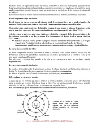 El átomo puede ser representado como poseyendo un núcleo, es decir, una parte central que consiste en
la agrupación compacta de cierta cantidad de protones y neutrones. Los electrones giran en torno a ese
núcleo en órbitas o trayectorias de un modo que se asemeja al movimiento de los planetas alrededor del
sol. (Fig. 4)
Las distintas clases de átomos tienen diferentes combinaciones de protones, neutrones y electrones.
Como adquieren carga los átomos
En el átomo sin carga o neutro, el número total de protones libres en el núcleo iguala a la
cantidad de electrones que giran en torno a el. Las cargas eléctricas están equilibradas.
Si se quitara uno o más electrones de la órbita externa de este átomo, el número de protones sería
mayor que el de electrones. En consecuencia el átomo tendría carga eléctrica POSITIVA.
A la inversa, si se agregara uno o más electrones a la órbita externa de dicho átomo, el número de
los mismos superaría al de los protones. En consecuencia el átomo tendría carga eléctrica
NEGATIVA.
Debemos tener en cuenta que los científicos no están totalmente de acuerdo entre sí en lo que
respecta a la Teoría Electrónica, sobre todo en la composición del núcleo del átomo.
Adoptamos este modelo por ser por lo menos, a nuestro modesto entender, el más didáctico.
La carga de una varilla de vidrio
Se puede comprender entonces que ocurre al frotar la varilla de vidrio con un trozo de tela de seda. El
frotamiento extrae cierta cantidad de electrones de los átomos que componen la varilla de vidrio y así
esta queda cargada positivamente.
Los electrones extraídos han pasado a la tela y en consecuencia esta ha quedado cargada
negativamente.
La carga de una varilla de ebonita
En cambio, al frotar la varilla de ebonita con un trozo de tela de franela, la varilla le extrae electrones a
la tela. Por lo tanto la varilla, con exceso de electrones, adquiere carga negativa.
La franela, al quedar con deficiencia de electrones, queda cargada positivamente.
Diferencia en la estructura atómica
A causa de que los protones del núcleo están en el centro del átomo y se hallan unidos estrechamente
entre sí, resulta en extremo dificultoso llegar a ellos. Pero hay cierta cantidad de electrones girando
alrededor del núcleo y ellos pueden ser perturbados con mayor facilidad.
Los electrones que giran alrededor del núcleo se denominan electrones planetarios.

Esquema de un átomo de Argón
donde puede verse el núcleo
rodeado por las tres primeras
órbitas completas de electrones
planetarios

5

Fig. 5
JORGE A. GARBERO – INGENIERIA ELECTRONICA

 