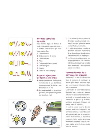 Formas comunes                          C. El escalón se produce cuando se
                    de onda                                    detecta el paso de un estado eléc-
1       5           Hay distintos tipos de formas de           trico a otro; por ejemplo la puesta
                    onda. La definición hace referencia a      en marcha de un elemento.
                    la forma o característica que tiene     D. El pulso se produce cuando se
                    cada una de ellas:                         detecta la activación momentánea
2       6           1. Onda senoidal                           de un elemento, por ejemplo el des-
                    2. Onda en diente de sierra                tello intermitente de una lámpara.
                    3. Onda cuadrada                        E. Las formas de onda compleja son
                    4. Pulso                                   las que pueden ser una combina-
3       7           5. Onda senoidal amortiguada               ción de varias (cuadrada, senoidal
                    6. Onda triangular                         amortiguada etc.). Por ejemplo
                    7. Escalón                                 las del encendido.
                    8. Forma de onda compleja
4       8                                                   Formas de onda de la
                    Algunos ejemplos                        corriente: los impulsos
                    de formas de onda                       Hasta ahora se han estudiado dos
            B1-14
                    A. Onda senoidal es la tensión de la    tipos de corriente, la continua y la
                       red eléctrica de uso doméstico,      alterna, pero existe un tercer tipo
                       con una tensión de 220 V y una       que posee características de ambas,
                       frecuencia de 50 Hz.                 son los impulsos.
                    B. Un onda cuadrada es la que pro-      Las Unidades de Control Electrónico
                       porciona por ejemplo un genera-      diseñadas para gobernar algunos
                       dor de efecto Hall.                  actuadores, tales como electroválvu-
                                                            las, donde es necesario un perfecto
                                                            control de la apertura y el cierre,
    A                          D                            funcionan generando impulsos de
                                                            mando sobre el actuador.
                                                            El control puede hacerse de dos
                                                            modos: enviando impulsos de
             B
                                                            corriente continua y haciendo variar
C                                                           la frecuencia a la que se producen,
                                                            o bien manteniendo la frecuencia
                                                            constante, hacer variar la anchura
                        E                                   del impulso; en ambos casos se con-
                                                            sigue regular la corriente de mando
                                                   B1-15
                                                            sobre el actuador.
 
