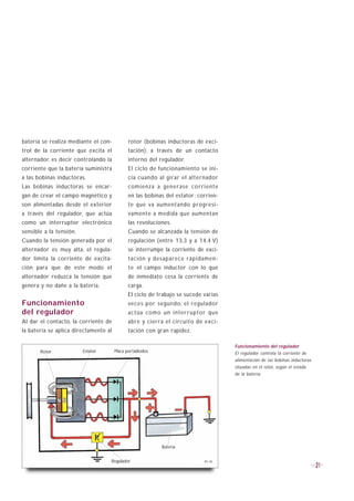 batería se realiza mediante el con-          rotor (bobinas inductoras de exci-
trol de la corriente que excita el           tación), a través de un contacto
alternador, es decir controlando la          interno del regulador.
corriente que la batería suministra          El ciclo de funcionamiento se ini-
a las bobinas inductoras.                    cia cuando al girar el alternador
Las bobinas inductoras se encar-             comienza a generase corriente
gan de crear el campo magnético y            en las bobinas del estator; corrien-
son alimentadas desde el exterior            te que va aumentando progresi-
a través del regulador, que actúa            vamente a medida que aumentan
como un interruptor electrónico              las revoluciones.
sensible a la tensión.                       Cuando se alcanzada la tensión de
Cuando la tensión generada por el            regulación (entre 13,3 y a 14,4 V)
alternador es muy alta, el regula-           se interrumpe la corriente de exci-
dor limita la corriente de excita-           tación y desaparece rápidamen-
ción para que de este modo el                te el campo inductor con lo que
alternador reduzca la tensión que            de inmediato cesa la corriente de
genera y no dañe a la batería.               carga.
                                             El ciclo de trabajo se sucede varias
Funcionamiento                               veces por segundo, el regulador
del regulador                                actúa como un interruptor que
Al dar el contacto, la corriente de          abre y cierra el circuito de exci-
la batería se aplica directamente al         tación con gran rapidez.

                                                                                    Funcionamiento del regulador
       Rotor             Estator       Placa portadiodos                            El regulador controla la corriente de
                                                                                    alimentación de las bobinas inductoras
                                                                                    situadas en el rotor, según el estado
                                                                                    de la batería.




                                                           Batería


                                   Regulador                               B1-25
                                                                                                                             21
 