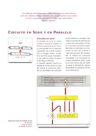 “Los elementos consumidores que se hallan conectados a un circuito eléctrico,
                       tales como lámparas, motores, resistencias, etc., pueden acoplarse de dos modos:
                               en serie y en paralelo; cada disposición ofrece unas características
                                                       eléctricas diferentes.”




C I R C U I TO                     EN           SERIE        Y EN            PA R A L E L O
                                                  Circuito en serie                             de aire ambiente: el ventilador (V2)
                                                  El montaje en serie se utiliza                recibe la corriente de alimentación
                   SERIE                                                                        a través del conmutador ( E 1 59).
                                                  cuando es necesario “regular” o
                                                  limitar la corriente en un circui-            E n l a p r i m e r a p o s i c i ó n (veloci-
           R1                     R2
                                                  to. Intercalando con el elemento              dad lenta) se intercalan tres resis-
                                                  consumidor una o varias resisten-             tencias en serie con el motor, a
           R1                     R2              cias se consigue “frenar” el paso             cada nueva posición del conmuta-
                                                  de la corriente ya que al producir-           dor se reducen las resitencias
              R total = R1 + R2
                                                  se una caída de tensión se reduce             intercaladas, y en la posición de
                                       B1-26      la que llega al elemento.                     máxima velocidad el motor recibe
                                                  El esquema siguiente muestra un               la corriente directa. De este modo
                                                  ejemplo de circuito en serie; se trata        se regula la velocidad de rotación
                                                  del sistema de control de veloci-             del ventilador al controlar la corrien-
                                                  dad (4 velocidades) del ventilador            te de alimentación.



                                                        30                                                                         30
                                                        15                                                                         15
                                                         X                                                                         X
                                                        31                                                                         31
                                                                                                    S6

                                                                                                    Q/2




                                                               E159

                                                                             4                  3         1            2




                                                                             2             1        4         2        3

                                                                  V2     M                 R3        R2           R1

                                                                             1
Esquema del circuito del ventilador del aire:
                              V2: Ventilador.
                        E159: Conmutador.
                                                                                                                                        B1-27
                   R1-R2-R3: Resistencias.
 