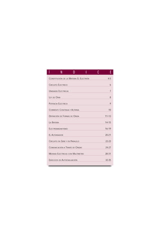 Í                 N                   D            I   C       E
CONSTITUCIÓN          DE LA   MATERIA: EL ELECTRÓN           4-5

CIRCUITO ELÉCTRICO                                             6

UNIDADES ELÉCTRICAS                                            7

LEY   DE   OHM                                                 8

POTENCIA ELÉCTRICA                                             9

CORRIENTE CONTINUA Y ALTERNA                                 10

DEFINICIÓN    DE      FORMAS     DE   ONDA                 11-13

LA BATERÍA                                                 14-15

ELECTROMAGNETISMO                                          16-19

EL ALTERNADOR                                              20-21

CIRCUITO     EN   SERIE Y   EN   PARALELO                  22-23

COMUNICACIÓN A TRAVÉS             DE      ONDAS            24-27

MEDIDAS ELÉCTRICAS          CON       MULTÍMETRO           28-31

EJERCICIOS   DE   AUTOEVALUACIÓN                           32-35
 