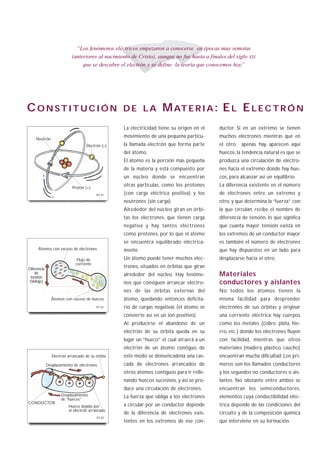 “Los fenómenos eléctricos empezaron a conocerse en épocas muy remotas
                           (anteriores al nacimiento de Cristo), aunque no fue hasta a finales del siglo XIX
                                que se descubre el electrón y se define la teoría que conocemos hoy. ”




CONSTITUCIÓN                                      DE LA             M AT E R I A : E L E L E C T R Ó N
                                                  La electricidad tiene su origen en el     ductor. Si en un extremo se tienen

    Neutrón
                                                  movimiento de una pequeña partícu-        muchos electrones mientras que en
                                   Electrón (_)   la llamada electrón que forma parte       el otro   apenas hay, aparecen aquí
                                                  del átomo.                                huecos, la tendencia natural es que se
                                                  El átomo es la porción más pequeña        produzca una circulación de electro-
                                                  de la materia y está compuesto por        nes hacia el extremo donde hay hue-
                                                  un núcleo donde se encuentran             cos, para alcanzar así un equilibrio.

                           Protón (+)
                                                  otras partículas, como los protones       La diferencia existente en el número
                                         B1-01    (con carga eléctrica positiva) y los      de electrones entre un extremo y
                                                  neutrones (sin carga).                    otro, y que determina la “fuerza” con
                                                  Alrededor del núcleo giran en órbi-       la que circulan, recibe el nombre de
                                                  tas los electrones, que tienen carga      diferencia de tensión, lo que significa
                                                  negativa y hay tantos electrones          que cuanta mayor tensión exista en
                                                  como protones, por lo que el átomo        los extremos de un conductor mayor
                                                  se encuentra equilibrado eléctrica-       es también el número de electrones
      Átomos con exceso de electrones             mente.                                    que hay dispuestos en un lado para
                              Flujo de            Un átomo puede tener muchos elec-         desplazarse hacia el otro.
                             corriente
Diferencia
                                                  trones, situados en órbitas que giran
    de
 tensión
                                                  alrededor del núcleo. Hay fenóme-         Materiales
(Voltaje)                                         nos que consiguen arrancar electro-       conductores y aislantes
                                                  nes de las órbitas externas del           No todos los átomos tienen la
               Átomos con exceso de huecos        átomo, quedando entonces deficita-        misma facilidad para desprender
                                         B1-02    rio de cargas negativas (el átomo se      electrones de sus órbitas y originar
                                                  convierte así en un ion positivo).        una corriente eléctrica; hay cuerpos
                                                  Al producirse el abandono de un           como los metales (cobre, plata, hie-
                                                  electrón de su órbita queda en su         rro, etc.) donde los electrones fluyen
                                                  lugar un “hueco” el cual atraerá a un     con facilidad, mientras que otros
                                                  electrón de un átomo contiguo, de         materiales (madera, plástico, caucho)
                Electrón arrancado de su órbita   este modo se densencadena una cas-        encuentran mucha dificultad. Los pri-
             Desplazamiento de electrones         cada de electrones arrancados de          meros son los llamados conductores
                                                  otros átomos contiguos para ir relle-     y los segundos no conductores o ais-
                                                  nando huecos sucesivos, y así se pro-     lantes. No obstante entre ambos se
                                                  duce una circulación de electrones.       encuentran los semiconductores,
                     Desplazamiento               La fuerza que obliga a los electrones     elementos cuya conductibilidad eléc-
                     de “huecos”
CONDUCTOR
                         Hueco dejado por         a circular por un conductor depende       trica depende de las condiciones del
                         el electrón arrancado
                                                  de la diferencia de electrones exis-      circuito y de la composición química
                                         B1-03
                                                  tentes en los extremos de ese con-        que interviene en su formación.
 