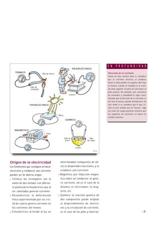 E N      P R O F U N D I D A D
                                                                     PIEZOELÉCTRICO
    TÉRMICO                                                                                    Dirección de la corriente
                                Hilo de hierro
                                                                                               Hasta no hace muchos años se consideró
                                                                                               que la corriente eléctrica se producía
                                                                                               desde el lado positivo al negativo (del más
                                                                                               al menos), cuando en realidad es al revés:
                    Hilo de
                    constatan                                                                  del polo negativo circulan los electrones al
                                                                                               polo positivo. No obstante, por cuestiones
                                                                Cuarzo                         de costumbre y comodidad se sigue consi-
                                                                                               derando que la dirección de la corriente es
                                                                                               del más al menos y puede interpretarse de
                  FOTOELÉCTRICO                                                                este modo si se considera que lo que cir-
                                                                                               cula en este sentido son los “huecos”, algo
                                                                                               así como las cargas positivas mientras que
                                                                                               las negativas, los electrones, lo hacen en
                                                 Silicio
                                                                                               sentido contrario.
                                                            QUÍMICO



    MAGNÉTICO
                                    Imán

                                                           Hilo de                 Hilo
                                                            acero                de cobre


                                                                         Limón
                                                                                       B1-04




Origen de la electricidad                            determinados compuestos de sili-
Los fenómenos que consiguen arrancar                 cio se desprenden electrones, y se
electrones y establecer una corriente                establece una corriente.
pueden ser de diverso origen:                    ·   Magnético: por inducción magné-

· Térmico: los   termopares son la                   tica sobre un conductor se gene-
  unión de dos metales con diferen-                  ra corriente, tal es el caso de la
  te potencial termoeléctrico que al                 dinamo, el alternador, la mag-
  ser calentados generan corriente.                  ne to, etc.

· Piezoeléctrico:    la deformación              · Químico: la reacción química de
  física experimentada por un cris-                  dos compuestos puede originar
  tal de cuarzo genera corriente en                  el desprendimiento de electro-
  los extremos del mismo.                            nes y la circulación de corriente,
· Fotoeléctrico: al incidir la luz en                es el caso de las pilas y baterías.                                                5
 