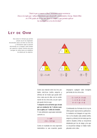 “Todo lo que se mueve o fluye, encuentra cierta resistencia.
                Esta es la regla que refleja el fenómeno que desarrolló el matemático Georg Simón Ohm
                            en 1799, padre de la Ley que lleva su nombre y que permite aplicar
                                             las matemáticas a la electricidad.”




LEY          DE          OHM
       Para conocer la fórmula que permita
            calcular una de las magnitudes
desconocidas, basta con tomar las otras dos
           y relacionarlas según su posición
 determinada en el triángulo: voltios dividen                                              U
 por amperios u ohmios, mientras que para
  averiguar los voltios basta con multiplicar
               los ohmios por los amperios.
                                                                                       I       R




                                                            U                              U                               U

                                                        I       R                      I       R                       I        R

                                                                                           U                               U
                                                     U =IxR                            I = R                           R = I


                                                                                                                                    B1-08




                                                Existe una relación entre las tres uni-        despejarse cualquier valor incógnita
                                                dades eléctricas (voltio, amperio y            partiendo de los otros dos.
                                                ohmio) de tal modo que puede defi-
                                                nirse cada una de ellas con la combi-                  U = I x R (V = A x Ω)
                                                nación de las otras dos, así por ejem-                  I = U / R (A = V : Ω)
                                                plo puede decirse que:                                  R = V / I (Ω = V : A)
                                                1 amperio es la corriente que circula
                                                por un conductor de 1 ohmio cuan-
                                                                                               Combinando las fórmulas de la Ley de
                                                do se aplica un 1 voltio de tensión.
                                                                                               Ohm puede representarse gráficamen-
                                                Y esta definición expresada matemáti-
                                                                                               te mediante un triángulo en cuyo inte-
                                                camente es:
                                                                                               rior se ha situado cada unidad (voltio,
                                                                I = U/R                        amperio y ohmio), de tal modo que los
                                                            (1 A = 1 V/1 Ω)                    valores situados arriba se encuentran
                                                                                               dividiendo por los de abajo y los que
                                                Como el resultado de esta expresión            se encuentran debajo se hallan multi-
                                                matemática es una ecuación, puede              plicando entre ellos.
 