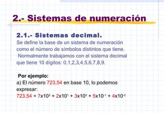 2.- Sistemas de numeración <ul><li>2.1.- Sistemas decimal. </li></ul><ul><li>Se define la base de un sistema de numeración...