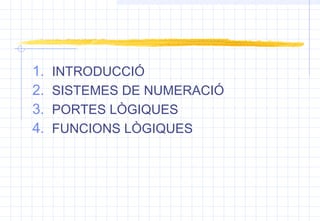 1. INTRODUCCIÓ
2. SISTEMES DE NUMERACIÓ
3. PORTES LÒGIQUES
4. FUNCIONS LÒGIQUES
 