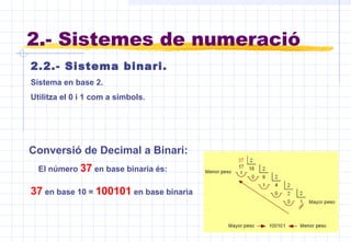 Conversió de Decimal a Binari:
El número 37 en base binaria és:
37 en base 10 = 100101 en base binaria
2.2.- Sistema binari.
Sistema en base 2.
Utilitza el 0 i 1 com a símbols.
2.- Sistemes de numeració
 