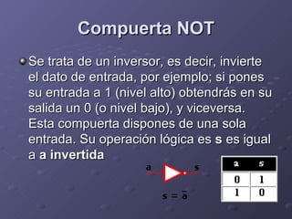Compuerta NOT Se trata de un inversor, es decir, invierte el dato de entrada, por ejemplo; si pones su entrada a 1 (nivel alto) obtendrás en su salida un 0 (o nivel bajo), y viceversa. Esta compuerta dispones de una sola entrada. Su operación lógica es  s  es igual a  a invertida 