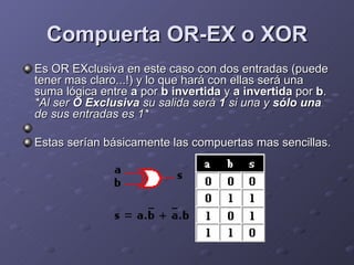 Compuerta OR-EX o XOR Es OR EXclusiva en este caso con dos entradas (puede tener mas claro...!) y lo que hará con ellas será una suma lógica entre  a  por  b invertida  y  a invertida  por  b . *Al ser  O Exclusiva  su salida será  1  si una y  sólo una  de sus entradas es 1* Estas serían básicamente las compuertas mas sencillas.  