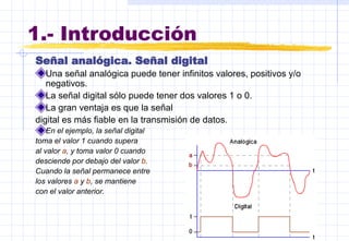 1.- Introducción
Señal analógica. Señal digital
Una señal analógica puede tener infinitos valores, positivos y/o
negativos.
La señal digital sólo puede tener dos valores 1 o 0.
La gran ventaja es que la señal
digital es más fiable en la transmisión de datos.
En el ejemplo, la señal digital
toma el valor 1 cuando supera
al valor a, y toma valor 0 cuando
desciende por debajo del valor b.
Cuando la señal permanece entre
los valores a y b, se mantiene
con el valor anterior.
 