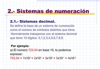 2.- Sistemas de numeración
2.1.- Sistemas decimal.
Se define la base de un sistema de numeración
como el número de símbolos distintos que tiene.
Normalmente trabajamos con el sistema decimal
que tiene 10 dígitos: 0,1,2,3,4,5,6,7,8,9.
Por ejemplo:
a) El número 723,54 en base 10, lo podemos
expresar:
723,54 = 7x102
+ 2x101
+ 3x100
+ 5x10-1
+ 4x10-2
 