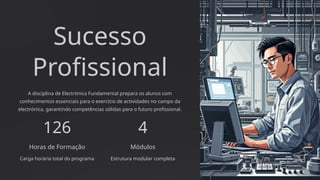 Sucesso
Profissional
A disciplina de Electrónica Fundamental prepara os alunos com
conhecimentos essenciais para o exercício de actividades no campo da
electrónica, garantindo competências sólidas para o futuro profissional.
126
Horas de Formação
Carga horária total do programa
4
Módulos
Estrutura modular completa
 