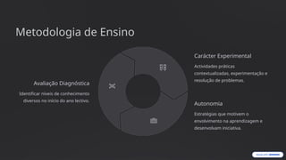 Metodologia de Ensino
Avaliação Diagnóstica
Identificar níveis de conhecimento
diversos no início do ano lectivo.
Carácter Experimental
Actividades práticas
contextualizadas, experimentação e
resolução de problemas.
Autonomia
Estratégias que motivem o
envolvimento na aprendizagem e
desenvolvam iniciativa.
 