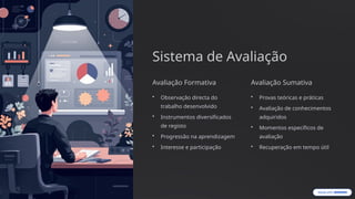 Sistema de Avaliação
Avaliação Formativa
• Observação directa do
trabalho desenvolvido
• Instrumentos diversificados
de registo
• Progressão na aprendizagem
• Interesse e participação
Avaliação Sumativa
• Provas teóricas e práticas
• Avaliação de conhecimentos
adquiridos
• Momentos específicos de
avaliação
• Recuperação em tempo útil
 