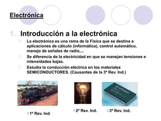 Electrónica
1. Introducción a la electrónica
 La electrónica es una rama de la Física que se destina a
aplicaciones de cálculo (informática), control automático,
manejo de señales de radio,...
 Se diferencia de la electricidad en que se manejan tensiones e
intensidades bajas.
 Estudia la conducción eléctrica en los materiales
SEMICONDUCTORES. (Causantes de la 3ª Rev. Ind.)
2º Rev. Ind.
1º Rev. Ind.
3º Rev. Ind.
 