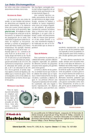 ten entre esas otras componentes,
determinan el timbre de la nota.
VELOCIDAD DEL SONIDO
La frecuencia de una onda de
sonido, es una medida del número
de vibraciones por segundo de un
punto determinado; a la distancia
entre dos crestas (cimas) adyacen-
tes de la onda, se le denomina lon-
gitud de onda . Al multiplicar el valor
de la longitud de onda por el de la
frecuencia, se obtiene la velocidad
de propagación de la onda. Esta
velocidad es igual para todos los so-
nidos sin importar su frecuencia,
siempre y cuando se propaguen a
través del mismo medio y a la misma
temperatura. Por ejemplo, mientras
la longitud de onda de la nota “La”
situada sobre el “Do” central es de
unos 78,20 cm, la de la nota “La” si-
tuada abajo del mismo es de 156,40
cm. En aire seco y a una temperatu-
ra de 0° C, la velocidad de propa-
gación del sonido es de 331,6 m/s. Al
aumentar la temperatura, aumenta
la velocidad del sonido; por ejem-
plo, a 20° C la velocidad es de 344
m/s. Por lo general, el sonido viaja
más rápido a través de líquidos y de
sólidos que a través de gases. Tanto
en los líquidos como en los sólidos, la
densidad tiene el mismo efecto que
en los gases.
REPRODUCCI N DEL SONIDO
Para la repro-
ducción del sonido
se emplean par-
lantes. Existen dife-
rentes tipos, pero
la mayoría de los
actuales son diná-
micos. Estos alta-
voces incluyen
una bobina de ca-
ble muy ligero, sumergida den-
tro del campo magnético de un
potente imán permanente o de
un electroimán (figura 3).
Una corriente eléctrica va-
riable, procedente de los circui-
tos electrónicos de algún ampli-
ficador, atraviesa la bobina y
modifica la fuerza magnética
entre ésta y el campo magnéti-
co del parlante. Al producirse
cambios de corriente, la bobina
vibra y entonces hace que un
diafragma o un gran cono vi-
brante (unido mecánicamente
a ella) se mueva para generar
en el aire ondas sonoras; a su
vez, este movimiento impulsa a
las moléculas de aire en la for-
ma del sonido que se desea re-
producir.
Tipos de Parlantes
Para aumentar la potencia y la
calidad del sonido, pueden utilizarse
conjuntos especiales de parlantes
de diferente tamaño: los pequeños
son para notas agudas y los grandes
para notas graves.
La forma o diseño de los parlan-
tes, es también factor que incide en
la calidad del sonido que se repro-
duce. Existen básicamente tres tipos:
circulares, cuadrados y elípticos (fi-
gura 4). Los primeras ofrecen una
muy buena reproducción de sonido;
los cuadrados, sólo una regular o
buena reproducción; los elípticos
son las mejores, pues permiten una
excelente reproducción. La razón,
es que el uso de los parlantes elípti-
cos equivale a tener un parlante cir-
cular pequeño para tonos medios y
otro circular grande para tonos ba-
jos.
En todo sistema reproductor de
audio, siempre será necesario insta-
lar dos o más tipos de altavoces. La
fidelidad del sonido mejora cuando
para cada frecuencia y amplitud de
la señal de audio se usa un tipo dife-
rente de parlante; es decir, para te-
ner un buen sistema de sonido se re-
quieren reproductores de agudos
(llamados tweeters), parlantes que
reproduzcan los medios (midrange)
y los graves (conocidos como woo-
fers). Obviamente, el tema es am-
plio, por lo que lo analizaremos más
adelante. ******************
Las Ondas Electromagnéticas
Es una publicación de Editorial Quark, compuesta de 24 fascículos de
edición semanal, preparada por el Ing. Horacio D. Vallejo, contando con
la colaboración de docentes y escritores destacados en el ámbito de la
electrónica internacional. Los temas de este capítulo fueron escritos por
Horacio Vallejo y Oscar Montoya Figueroa.
Editorial Quark SRL - Herrera 761, (1295), Bs. As. - Argentina - Director: H. D. Vallejo - Tel.: 4301-8804
Fig. 3
Fig. 4
 