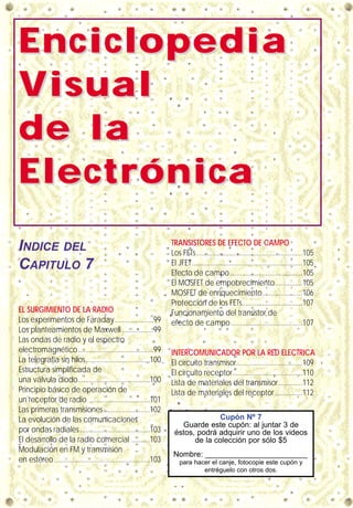 EnciclopediaEnciclopedia
VVisualisual
de lade la
ElectrónicaElectrónica
INDICE DEL
CAPITULO 7
EL SURGIMIENTO DE LA RADIO
Los experimentos de Faraday.....................99
Los planteamientos de Maxwell .................99
Las ondas de radio y el espectro
electromagnético.........................................99
La telegrafía sin hilos...................................100
Estructura simplificada de
una válvula diodo.......................................100
Principio básico de operación de
un receptor de radio .................................101
Las primeras transmisiones.........................102
La evolución de las comunicaciones
por ondas radiales......................................103
El desarrollo de la radio comercial ..........103
Modulación en FM y transmisión
en estéreo....................................................103
TRANSISTORES DE EFECTO DE CAMPO
Los FETs..........................................................105
El JFET............................................................105
Efecto de campo .......................................105
El MOSFET de empobrecimiento...............105
MOSFET de enriquecimiento......................106
Protección de los FETs.................................107
Funcionamiento del transistor de
efecto de campo.......................................107
INTERCOMUNICADOR POR LA RED ELECTRICA
El circuito transmisor....................................109
El circuito receptor......................................110
Lista de materiales del transmisor.............112
Lista de materiales del receptor...............112
Cupón Nº 7
Guarde este cupón: al juntar 3 de
éstos, podrá adquirir uno de los videos
de la colección por sólo $5
Nombre: ________________________
para hacer el canje, fotocopie este cupón y
entréguelo con otros dos.
 