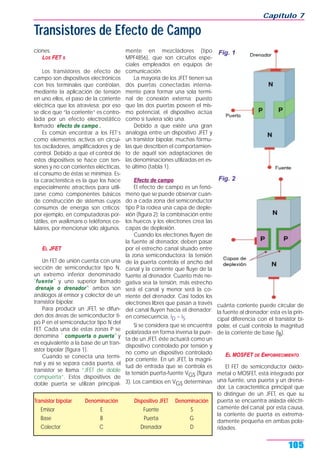 ciones.
LOS FET S
Los transistores de efecto de
campo son dispositivos electrónicos
con tres terminales que controlan,
mediante la aplicación de tensión
en uno ellos, el paso de la corriente
eléctrica que los atraviesa; por eso
se dice que “la corriente” es contro-
lada por un efecto electrostático
llamado efecto de campo .
Es común encontrar a los FET’s
como elementos activos en circui-
tos osciladores, amplificadores y de
control. Debido a que el control de
estos dispositivos se hace con ten-
siones y no con corrientes eléctricas,
el consumo de éstas se minimiza. Es-
ta característica es la que los hace
especialmente atractivos para utili-
zarse como componentes básicos
de construcción de sistemas cuyos
consumos de energía son críticos;
por ejemplo, en computadoras por-
tátiles, en walkmans o teléfonos ce-
lulares, por mencionar sólo algunos.
EL JFET
Un FET de unión cuenta con una
sección de semiconductor tipo N,
un extremo inferior denominado
˙fuente¨ y uno superior llamado
drenaje o drenador¨; ambos son
análogos al emisor y colector de un
transistor bipolar.
Para producir un JFET, se difun-
den dos áreas de semiconductor ti-
po P en el semiconductor tipo N del
FET. Cada una de estas zonas P se
denomina ˙ compuerta o puerta¨ y
es equivalente a la base de un tran-
sistor bipolar (figura 1).
Cuando se conecta una termi-
nal y así se separa cada puerta, el
transistor se llama “JFET de doble
compuerta”. Estos dispositivos de
doble puerta se utilizan principal-
mente en mezcladores (tipo
MPF4856), que son circuitos espe-
ciales empleados en equipos de
comunicación.
La mayoría de los JFET tienen sus
dos puertas conectadas interna-
mente para formar una sola termi-
nal de conexión externa; puesto
que las dos puertas poseen el mis-
mo potencial, el dispositivo actúa
como si tuviera sólo una.
Debido a que existe una gran
analogía entre un dispositivo JFET y
un transistor bipolar, muchas fórmu-
las que describen el comportamien-
to de aquél son adaptaciones de
las denominaciones utilizadas en es-
te último (tabla 1).
Efecto de campo
El efecto de campo es un fenó-
meno que se puede observar cuan-
do a cada zona del semiconductor
tipo P la rodea una capa de deple-
xión (figura 2); la combinación entre
los huecos y los electrones crea las
capas de deplexión.
Cuando los electrones fluyen de
la fuente al drenador, deben pasar
por el estrecho canal situado entre
la zona semiconductora; la tensión
de la puerta controla el ancho del
canal y la corriente que fluye de la
fuente al drenador. Cuanto más ne-
gativa sea la tensión, más estrecho
será el canal y menor será la co-
rriente del drenador. Casi todos los
electrones libres que pasan a través
del canal fluyen hacia el drenador;
en consecuencia, ID = IS.
Si se considera que se encuentra
polarizada en forma inversa la puer-
ta de un JFET, éste actuará como un
dispositivo controlado por tensión y
no como un dispositivo controlado
por corriente. En un JFET, la magni-
tud de entrada que se controla es
la tensión puerta-fuente VGS (figura
3). Los cambios en VGS determinan
cuánta corriente puede circular de
la fuente al drenador; esta es la prin-
cipal diferencia con el transistor bi-
polar, el cual controla la magnitud
de la corriente de base (IB).
EL MOSFET DE EMPOBRECIMIENTO
El FET de semiconductor óxido-
metal o MOSFET, está integrado por
una fuente, una puerta y un drena-
dor. La característica principal que
lo distingue de un JFET, es que su
puerta se encuentra aislada eléctri-
camente del canal; por esta causa,
la corriente de puerta es extrema-
damente pequeña en ambas pola-
ridades.
Capítulo 7
105
Fig. 1
Transistores de Efecto de Campo
Transistor bipolar Denominación Dispositivo JFET Denominación
Emisor E Fuente S
Base B Puerta G
Colector C Drenador D
Fig. 2
 