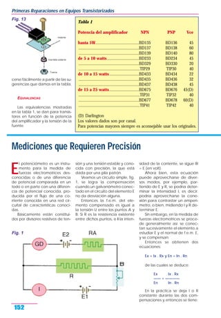 cerse fácilmente a partir de las su-
gerencias que damos en la tabla.
EQUIVALENCIAS
Las equivalencias mostradas
en la tabla 1, se dan para transis-
tores en función de la potencia
del amplificador y la tensión de la
fuente.
Primeras Reparaciones en Equipos Transistorizados
152
Fig. 13
Tabla 1
Potencia del amplificador NPN PNP Vce
hasta 5W.........................................BD135 BD136 45
.........................................................BD137 BD138 60
.........................................................BD139 BD140 80
de 5 a 10 watts..............................BD233 BD234 45
.........................................................BD329 BD330 20
..........................................................TIP29 TIP30 40
de 10 a 15 watts............................BD433 BD434 22
.........................................................BD435 BD436 32
.........................................................BD437 BD438 45
de 15 a 25 watts............................BD675 BD676 45(D)
..........................................................TIP31 TIP32 40
.........................................................BD677 BD678 60(D)
..........................................................TIP41 TIP42 40
(D) Darlington
Los valores dados son por canal.
Para potencias mayores siempre es aconsejable usar los originales.
Mediciones que Requieren Precisión
E
l potenciómetro es un instru-
mento para la medida de
fuerzas electromotrices des-
conocidas o de una diferencia
de potencial comparada en un
todo o en parte con una diferen-
cia de potencial conocida, pro-
ducida por el flujo de una co-
rriente conocida en una red cir-
cuital de características conoci-
das.
Básicamente están constitui-
dos por divisores resistivos de ten-
sión y una tensión estable y cono-
cida con precisión, la que está
dada por una pila patrón.
Veamos un circuito simple, fig.
1, se logra la compensación
cuando un galvanómetro conec-
tado en el circuito del elemento E
no da desviación alguna.
Entonces la f.e.m. del ele-
mento compensado es igual a
la tensión U entre los puntos A y
B. Si R es la resistencia existente
entre dichos puntos, e I la inten-
sidad de la corriente, se sigue IR
= E (en volt).
Ahora bien, esta ecuación
puede aprovecharse de diver-
sos modos, por ejemplo, par-
tiendo de E y R, se podría deter-
minar la intensidad I, es decir:
podría aprovecharse la cone-
xión para contrastar un amperí-
metro, o bien, midiendo I y R de-
terminar E.
Sin embargo, en la medida de
fuerzas electromotrices se proce-
de generalmente así: se conec-
tan sucesivamente el elemento a
estudiar E y el normal de f.e.m. E,
y se compensan.
Entonces se obtienen dos
ecuaciones:
Ex = Ix . Rx y En = In . Rn
de las cuales se deduce:
Ex Ix . Rx
—— = ————
En In . Rn
En la práctica se deja I o R
constante durante las dos com-
pensaciones y entonces se tiene:
Fig. 1
 