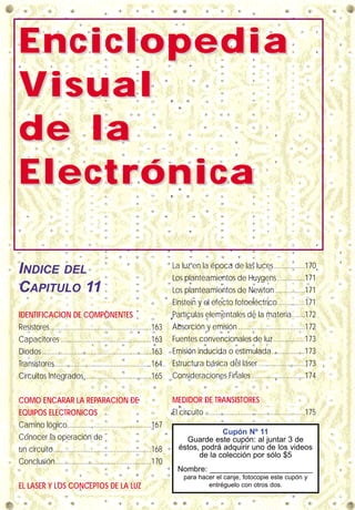 EnciclopediaEnciclopedia
VVisualisual
de lade la
ElectrónicaElectrónica
INDICE DEL
CAPITULO 11
IDENTIFICACION DE COMPONENTES
Resistores.......................................................163
Capacitores .................................................163
Diodos...........................................................163
Transistores....................................................164
Circuitos Integrados ....................................165
COMO ENCARAR LA REPARACION DE
EQUIPOS ELECTRONICOS
Camino lógico.............................................167
Conocer la operación de
un circuito.....................................................168
Conclusión....................................................170
EL LASER Y LOS CONCEPTOS DE LA LUZ
La luz en la época de las luces.................170
Los planteamientos de Huygens...............171
Los planteamientos de Newton................171
Einstein y el efecto fotoeléctrico...............171
Partículas elementales de la materia.......172
Absorción y emisión ....................................172
Fuentes convencionales de luz.................173
Emisión inducida o estimulada..................173
Estructura básica del láser .........................173
Consideraciones Finales.............................174
MEDIDOR DE TRANSISTORES
El circuito ......................................................175
Cupón Nº 11
Guarde este cupón: al juntar 3 de
éstos, podrá adquirir uno de los videos
de la colección por sólo $5
Nombre: ________________________
para hacer el canje, fotocopie este cupón y
entréguelo con otros dos.
 