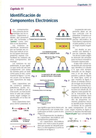 L
os componentes
más comunes de los
montajes son los re-
sistores, capacitores y
diodos, que presentan
sólo dos terminales o
"patitas" como tam-
bién se las denomina.
Los resistores se
identifican fácilmente
por sus bandas de co-
lores que indican el va-
lor. Eso quiere decir que
podemos separar con
facilidad los resistores de
otros componentes del
montaje.
Los resistores no son
polarizados, lo que signifi-
ca que tanto da unir este
componente con todas
las bandas para un lado
como para el otro, como
muestra la figura 1. Lo mis-
mo ocurre con los llama-
dos capacitores de bajo
valor.
Estos capacitores son
de cerámica, poliéster,
poliestireno, aceite, etc.,
que se identifican por la
marcación. La marcación
tiene el valor del compo-
nente según códigos es-
pecificados en la lista de
materiales.
Estos capacitores tam-
poco tienen polaridad, lo
que significa que da lo mismo unir
el componente con el lado mar-
cado para un lado o para el otro
(figura 2).
En compensación, los diodos y
los capacitores electrolíticos son
componentes polarizados.
Los capacitores electrolíticos
tienen una marca para la polari-
dad que puede ser del polo posi-
tivo (+) o del negativo (-) como se
muestra en la figura 3.
La posición del com-
ponente debe ser tal
que coincida con la
polaridad. Si hubiera un
diagrama, para un ca-
pacitor electrolítico el
trazo blanco representa
el polo positivo y el tra-
zo negro el polo negati-
vo.
Los diodos se pre-
sentan con distintos ti-
pos de cubiertas, algu-
nos de los cuales exigen
la atención del armador
para no hacer inversión o
conexión equivocada.
El tipo más común es-
tá dotado de una banda
que identifica el cátodo
o K, que está siempre
marcado en los diagra-
mas o en las vistas de
puentes y placas (figura
4). Otros tipos, como el
que muestra la figura 5
tienen el símbolo marca-
do en lugar de la banda.
En este caso la flecha co-
rresponde al ánodo (A) y
la barra al cátodo (K). En
algunos casos puede fal-
tar la marcación de la
banda o el símbolo. Para
los diodos de señal (dio-
dos de pequeñas co-
rrientes) podemos hacer
la identificación mirando
el interior de la cubierta
de vidrio transparente. En este
caso, según muestra la figura 6
tenemos un alambre fino llamado
"bigote de gato" que corresponde
Capítulo 11
163
Capítulo 11
Identificación de
Componentes Electrónicos
Fig. 1
Fig. 2
Fig. 3
Fig. 5
Fig. 4
Fig. 6
 