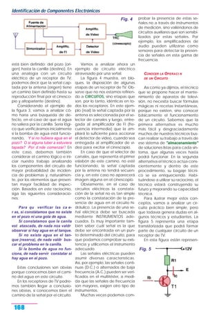 está bien definido: del pozo (ori-
gen) hasta la canilla (destino). En
una analogía con un circuito
eléctrico de un receptor de TV,
podemos decir que la señal cap-
tada por la antena (origen) tiene
un camino bien definido hasta su
reproducción final por el cinesco-
pio y altoparlante (destino).
Considerando el ejemplo de
la figura 3, vamos a analizar có-
mo haría una búsqueda de de-
fecto, en el caso de que el agua
no saliera por la canilla. Sería lógi-
co que verificáramos inicialmente
si la bomba de agua está funcio-
nando. Y si no hubiera agua en el
pozo? O si alguna tuber a estuviera
tapada? Por d nde comenzar? En
este caso, debemos también
considerar el camino lógico e ini-
ciar nuestro trabajo analizando
los componentes del circuito de
mayor probabilidad de inciden-
cia de problemas y, naturalmen-
te, por los elementos que presen-
tan mayor facilidad de inspec-
ción. Basados en este raciocinio,
siga las siguientes consideracio-
nes:
Para qu verificar las ca e-
r as, si constatamos que no existe
en el pozo ni una gota de agua.
Si constatamos que la canila
est atascada, de nada nos valdr
observar si hay agua en el tanque.
Si no existe agua en el tan-
que (reserva), de nada valdr bus-
car el problema en la canilla.
Si la bomba de agua no fun-
ciona, de nada servir constatar si
hay agua en el pozo.
Estas conclusiones son obvias
porque conocemos bien el cami-
no del agua en este circuito.
En los receptores de TV podre-
mos también llegar a conclusio-
nes obvias, si conocemos bien el
camino de la señal por el circuito.
Vamos a analizar ahora un
ejemplo de circuito eléctrico
atravesado por una señal.
La figura 4 muestra, en blo-
ques, la disposición de algunas
etapas de un receptor de TV. Ob-
serve que no nos estamos refirien-
do a CIRCUITOS, sino etapas que
son, por lo tanto, idénticas en to-
dos los receptores. En este ejem-
plo (real) la señal captada por la
antena es seleccionada por el se-
lector de canales y luego, entre-
gada al amplificador de FI (fre-
cuencia intermedia) que la am-
pliará lo suficiente para accionar
el detector de video, cuando sea
entregada al amplificador de vi-
deo para excitar el cinescopio.
En caso de que el selector de
canales, que representa el primer
eslabón de este camino, no esté
funcionando, la señal captada
por la antena no tendrá secuen-
cia y, en este caso no aparecerá
imagen alguna en el cinescopio.
Obviamente, en el caso de
circuitos eléctricos la constata-
ción de la señal no es tan simple
como la constatación de la pre-
sencia de agua en el circuito hi-
dráulico. La presencia de una se-
ñal eléctrica debe ser buscada
mediante INSTRUMENTOS ade-
cuados. Es muy importante tam-
bién saber cuál señal es la que
debe ser encontrada en un pun-
to determinado del circuito, para
que podamos comprobar su exis-
tencia y utilicemos el instrumento
adecuado.
Las señales eléctricas pueden
asumir diversas características.
Así, por ejemplo, las señales conti-
nuas (D.C.) o alternados de baja
frecuencia (A.C.) pueden ser veri-
ficados en el multitéster, a medi-
da que las señales de frecuencia
son mayores, exigen otro tipo de
instrumentos.
Muchas veces podemos com-
probar la presencia de estas se-
ñales no a través de instrumentos
de medición, sino valiéndonos de
circuitos auxiliares que son sensibi-
lizados por estas señales. Por
ejemplo, los amplificadores de
audio pueden utilizarse como
sensores para detectar la presen-
cia de señales en esta gama de
frecuencia.
CONOCER LA OPERACI N
DE UN CIRCUITO
Así como ya dijimos, el técnico
que se propone hacer el mante-
nimiento de aparatos de televi-
sión, no necesita buscar fórmulas
mágicas ni recetas instantáneas,
porque no existen, sino conocer
básicamente el funcionamiento
de un circuito. Sabemos que la
primera alternativa es mucho
más fácil y desgraciadamente
muchos de nuestros técnicos bus-
can realizar su trabajo a través de
ese sistema de "almacenamiento"
de soluciones listas para cada sín-
toma, que algunas veces hasta
podrá funcionar. En la segunda
alternativa el técnico actúa cons-
cientemente y dentro de este
procedimiento, su bagaje técni-
co se va enriqueciendo. Habi-
tuándose a utilizar su raciocinio, el
técnico estará construyendo su
futuro y mejorando su capacidad
técnica.
Para ilustrar mejor estos con-
ceptos, vamos a analizar un cir-
cuito práctico bien simple, pero
que todavía genera dudas en al-
gunos técnicos y estudiantes. La
figura 5 representa una etapa
transistorizada que podrá formar
parte de cualquier circuito de un
receptor de TV.
En esta figura están represen-
Identificación de Componentes Electrónicos
168
Fig. 4
Fig. 5
T1
 