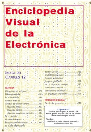 EnciclopediaEnciclopedia
VVisualisual
de lade la
ElectrónicaElectrónica
INDICE DEL
CAPITULO 12
TELEVISIÓN
Cómo transmitir imágenes........................179
El Receptor de TV.......................................182
La antena de TV.........................................183
Antenas externas........................................184
Antenas para varios canales....................185
a) Antena Yagui......................................185
b) Antena cónica...................................186
c) Antena logarítmica periódica..........186
TV por satélite .............................................186
El cable de bajada....................................187
El sintonizador de canales.........................187
La etapa amplificadora
de FI de video.............................................188
Neutralización y ajustes.............................189
El control automático
de ganancia (CAG) ..................................189
Los circuitos de sincronismo......................190
El sincronismo vertical................................190
El sincronismo horizontal............................191
Los circuitos de sincronismo......................191
GENERADOR DE BARRAS
Circuito del generador..............................192
Cupón Nº 12
Guarde este cupón: al juntar 3 de
éstos, podrá adquirir uno de los videos
de la colección por sólo $5
Nombre: ________________________
para hacer el canje, fotocopie este cupón y
entréguelo con otros dos.
 
