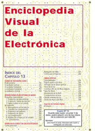 EnciclopediaEnciclopedia
VVisualisual
de lade la
ElectrónicaElectrónica
INDICE DEL
CAPITULO 13
CURSO DE TELEVISIÓN (CONT.)
El sincronismo .......................................................195
El oscilador vertical..............................................195
El oscilador horizontal..........................................196
La deflexión horizontal........................................197
La deflexión vertical............................................198
REPARACIONES EN RECEPTORES DE RADIO
Pequeñas reparaciones .....................................198
1. Problemas de alimentación ......................198
2. El defecto “motor de lancha” ...................198
3. Fallas y ruidos en el control
de volumen..........................................................199
4. Interrupciones en las placas.......................199
5. Cambios de componentes ........................200
6. Problemas del parlante...............................200
7. Problemas de ajuste....................................200
8. Los componentes.........................................201
9. Análisis con el inyector de señales............202
10. Conclusiones...............................................204
REPARACION DE EQUIPOS CON CIRCUITOS INTEGRADOS
Cómo proceder...................................................204
Búsqueda de fallas..............................................205
Cómo usar el inyector ........................................206
FIBRAS OPTICAS
Generalidades.....................................................206
Enlace óptico con fibra......................................206
Ventajas de las fibras ópticas............................206
Física de la luz......................................................207
Construcción de las fibras ópticas....................207
Tipos de fibras ......................................................208
Atenuación de la fibra .......................................208
Componentes activos ........................................208
Diodos emisores de luz........................................208
Diodo de inyección láser ...................................208
Inyector de Señales Digital
El circuito...............................................................208
Cupón Nº 13
Guarde este cupón: al juntar 3 de
éstos, podrá adquirir uno de los videos
de la colección por sólo $5
Nombre: ________________________
para hacer el canje, fotocopie este cupón y
entréguelo con otros dos.
 