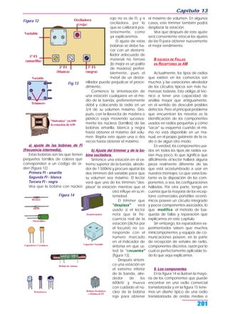 a) ajuste de las bobinas de FI
(frecuencia intermedia).
Estas bobinas son las que tienen
pequeños tornillos de colores que
corresponden a un código de or-
den (figura 12).
Primera FI - amarilla
Segunda FI - blanca
Tercera FI - negra
Vea que la bobina con núcleo
rojo no es de FI, y sí
osciladora, por lo
que se calibrará pos-
teriormente, como
ya explicaremos.
El ajuste de estas
bobinas se debe ha-
cer con un destorni-
llador adecuado de
material no ferroso
(lo mejor es un palito
de madera) preferi-
blemente, pues el
metal de un destor-
nillador puede perjudicar el proce-
dimiento.
Comience la sintonización de
una estación cualquiera en el me-
dio de la banda, preferentemente
débil y colocando la radio en un
3/4 de su volumen máximo. Des-
pués, con la llavecita de madera o
plástico vaya moviendo sucesiva-
mente los núcleos (tornillos) de las
bobinas amarilla, blanca y negra
hasta obtener el máximo del volu-
men. Repita este ajuste una o dos
veces hasta obtener el máximo.
b) Ajuste del trimmer y de la bo-
bina osciladora.
Sintonice una estación en el ex-
tremo superior de la banda, alrede-
dor de 1.500kHz y procure ajustar los
dos trimmers del variable para que
su volumen sea máximo. El lector
verá que uno de los trimmers "des-
plaza" la estación mientras que el
otro influye en su in-
tensidad.
El trimmer que
"desplaza" será
usado si el lector
nota que la fre-
cuencia real de la
estación (dicha por
el locutor) no co-
rresponde con el
número marcado
en el indicador de
sintonía en que us-
ted la "encuentra"
(figura 13).
Después sintoni-
ce una estación en
el extremo inferior
de la banda, alre-
dedor de los
600kHz y mueva
con cuidado el nú-
cleo de la bobina
roja para obtener
el máximo de volumen. En algunos
casos, este trimmer también podrá
desplazar la estación.
Vea que después de este ajuste
será conveniente retocar los ajustes
de las FI para obtener nuevamente
el mejor rendimiento.
B SQUEDA DE FALLAS
EN RECEPTORES DE AM
Actualmente, los tipos de radios
que existen en los comercios son
muchos y las variaciones alrededor
de los circuitos típicos son más nu-
merosas todavía. Esto obliga al téc-
nico a tener una capacidad de
análisis mayor que antiguamente,
en el sentido de descubrir posibles
defectos. Pero el principal problema
que encuentran los novatos es la
identificación de los componentes
usados en radios pequeñas y cómo
"sacar" su esquema cuando el mis-
mo no está disponible en un ma-
nual, en el propio gabinete de la ra-
dio o de algún otro modo.
En verdad, los componentes usa-
dos en todos los tipos de radios va-
rían muy poco, lo que significa que
dificilmente el lector hallará alguna
pieza realmente diferente de las
que está acostumbrado a usar en
nuestros montajes. Lo que varía bas-
tante es la disposición de los com-
ponentes, o sea, las configuraciones
halladas. Por otra parte, tenga en
cuenta que la mayoría de los recep-
tores comerciales portátiles econó-
micos poseen un circuito integrado
y pocos componentes asociados, lo
que modifica el método de bús-
queda de fallas y reparación que
explicamos en este capítulo.
Sin embargo, los reparadores ex-
perimentados saben que muchos
minicomponentes y equipos de co-
municaciones poseen, en la parte
de recepción de señales de radio,
componentes discretos, razón por lo
cual es perfectamente aplicable to-
do lo que aquí explicamos.
8. Los componentes
En la figura 14 se ilustran la mayo-
ría de los componentes que puede
encontrar en una radio comercial
transistorizada y en la figura 15 tene-
mos un diseño típico de una radio
transistorizada de ondas medias o
Capítulo 13
201
Figura 12
Figura 14
Fig.13
 