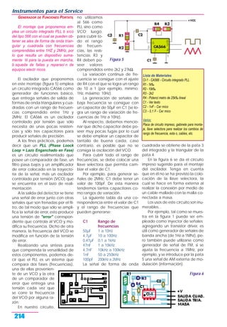 GENERADOR DE FUNCIONES PORTATIL
El montaje que proponemos em-
plea un circuito integrado PLL b sico
del tipo 566 con el cual se pueden ob-
tener se ales de forma de onda trian-
gular y cuadrada con frecuencias
comprendidas entre 1HZ y 2MHz, por
lo que resulta un dispositivo suma-
mente til para la puesta en marcha,
b squeda de fallas y reparaci n de
equipos electr nicos.
El oscilador que proponemos
en este montaje (figura 5) emplea
un circuito integrado CA566 como
generador de funciones básico,
que entrega señales de salida de
formas de onda triangulares y cua-
dradas con un rango de frecuen-
cias comprendido entre 1Hz y
2MHz. El CA566 es un oscilador
controlado por tensión que sólo
necesita de unas pocas resisten-
cias y sólo tres capacitores para
producir señales de precisión.
A los fines prácticos, podemos
decir que un PLL (Phase Loock
Loop = Lazo Enganchado en Fase)
es un circuito realimentado que
posee un comparador de fase, un
filtro pasa bajos y un amplificador
de error colocado en la trayecto-
ria de la señal, más un oscilador
controlado por tensión (VCO) que
se encuentra en el lazo de reali-
mentación.
A la salida del detector se tiene
una señal de error junto con otras
señales que son frenadas por el fil-
tro, de tal modo que sólo se ampli-
fica la señal de error, esto produce
una tensión de "error" correspon-
diente que controla al VCO y mo-
difica su frecuencia. Dicho de otra
manera, la frecuencia del VCO se
modifica en función de la tensión
de error.
Realizando una síntesis para
que comprenda la versatilidad de
estos componentes, podemos de-
cir que el PLL es un sistema que
compara dos fases (frecuencias),
una de ellas provenien-
te de un VCO y la otra
de un comparador de
error que entrega una
tensión cada vez que
se corre la frecuencia
del VCO por alguna ra-
zón.
En nuestro circuito,
no utilizamos
al 566 como
PLL sino como
VCO; luego,
para cubrir to-
do el rango
de frecuen-
cias, las resis-
tencias R3 y
R4 deben po-
seer valores
comprendidos entre 2k2 y 27kΩ.
La variación continua de fre-
cuencia se consigue con el ajuste
de R4 con el que se logra un rango
de 10 a 1 (por ejemplo, mínimo:
1Hz, máximo: 10Hz).
La generación de señales de
baja frecuencia se consigue con
un capacitor de 50µF en C1 (se lo-
gra un rango de variación de fre-
cuencias de 1Hz a 10Hz).
Al respecto, debemos mencio-
nar que dicho capacitor debe po-
seer muy pocas fugas por lo cual
se debe emplear un capacitor de
tantalio de buena caída, caso
contrario, es posible que no se
consiga la oscilación del VCO.
Para cubrir todo el rango de
frecuencias, se debe colocar una
llave selectora que permita cam-
biar el valor de C1.
Por ejemplo, para generar se-
ñales de 2MHz, C1 debe tener un
valor de 100pF. De esta manera
tendremos tantos capacitores co-
mo rangos de variación.
La siguiente tabla da una co-
rrespondencia entre el valor de C1
y el rango de frecuencias que
pueden generarse:
C1 Rango de
frecuencias
50µF 1 a 10Hz
4,7µF 10 a 100Hz
0,47µF 0,1 a 1kHz
47nF 1 a 10kHz
4,7nF 10kHz a 100kHz
1nF 50 a 250kHz
100pF 200kHz a 2MHz
La señal de forma de onda
cuadrada se obtiene de la pata 3
del integrado y la triangular de la
pata 4.
En la figura 6 se da el circuito
impreso sugerido para el montaje
del oscilador. Tenga en cuenta
que en él no se ha previsto la colo-
cación de la llave selectora, la
cual se hace en forma externa al
realizar la conexión por medio de
un cable mallado con la malla co-
nectada a masa.
Los usos de este circuito son inu-
merables...
Por ejemplo, tal como se mues-
tra en la figura 1 puede ser em-
pleado como inyector de señales;
agregando un transistor driver, es
útil como generador de señales de
banda ancha (de 1Hz a 1Mhz), pe-
ro también puede utilizarse como
generador de señal de FM, si se
ajusta la frecuencia a 1MHz, por
ejemplo, y se introduce por la pata
5 una señal de AM externa de mo-
dulación (información).
Instrumentos para el Service
214
Figura 5
Figura 6
Lista de Materiales
CI-1 - CA566 - Circuito integrado PLL
R1 - 1k‰
R2 - 10k‰
R3 - 2k2
R4 - Potenci metro de 25k‰ lineal
C1 - Ver texto
C2 - 1nF - Cer mico
C3 - 0,1 F - Cer mico
Varios:
Placa de circuito impreso, gabinete para monta-
je, llave selectora para realizar los cambios de
rango de frecuencia, esta o, cables, etc.
 