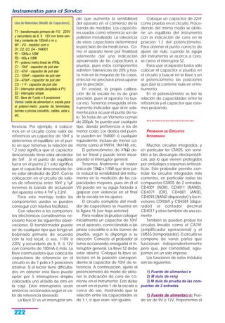 ferencia. Por ejemplo, si coloca-
mos en el circuito como valor de
referencia un capacitor de 10nF y
obtenemos el equilibrio en el pun-
to en que tenemos la relación de
1:2 esto significa que el capacitor
desconocido tiene valor alrededor
de 5nF. Si el punto de equilibrio
fuera en el punto 2:1 esto significa
que el capacitor desconocido tie-
ne valor alrededor de 20nF. Con la
colocación en el circuito de valo-
res de referencia entre 10nF y 1µF
tenemos la banda de actuación
del aparato entre 4,7nF y 2,2nF.
Para este montaje todos los
componentes usados se pueden
conseguir con relativa facilidad.
Con relación a los componen-
tes electrónicos consideramos ne-
cesario hacer las siguientes obser-
vaciones. El transformador puede
ser de cualquier tipo que tenga un
bobinado primario de acuerdo
con la red local, o sea, 110V ó
220V, y secundario de 6, 9, ó 12V
con corriente de 100mA ó más. La
llave conmutadora que coloca los
capacitores de referencia en el
circuito es de 1 polo x 5 posiciones
rotativa. Si el lector tiene dificulta-
des en obtener esta llave puede
optar por 5 interruptores simples
colocados uno al lado de otro en
la caja. Estos interruptores serán
entonces accionados según el va-
lor de referencia deseado.
La llave S1 es un interruptor sim-
ple que aumenta la sensibilidad
del aparato en el comienzo de la
banda de medidas. Los capacito-
res usados como referencia son de
poliéster metalizado. La tolerancia
de estos capacitores determinará
la precisión de las mediciones. Co-
mo el aparato tiene por finalidad
solamente dar una indicación
aproximada de los capacitores a
prueba, pues estos componentes
admiten tolerancias de 20% y has-
ta más en la mayoría de los casos,
el lector no precisará preocuparse
por la precisión.
En verdad, la propia calibra-
ción de la escala no es de gran
precisión, pues el aparato no bus-
ca eso. Tenemos enseguida el ins-
trumento indicador que sirve sola-
mente para acusar el punto de nu-
lo. Se trata de un VUmetro común
de 200µA. Se puede usar cualquier
tipo, dando preferencia a los de
menor costo. Los diodos del puen-
te pueden ser 1N4001 ó cualquier
equivalente, incluso de menor co-
rriente como el 1N914, 1N4148, etc.
El potenciómetro de 47kΩ de-
be ser lineal y puede tener incor-
porado el interruptor general.
Tenemos finalmente el resistor
único de 10kΩ x 1/8W que sirve pa-
ra reducir la sensibilidad del instru-
mento en la medición de las ca-
pacidades mayores, pues sin él el
VU puede ver su aguja forzada a
golpear con violencia en el final
de la escala en los ajustes.
El circuito completo del medi-
dor de capacitores se muestra en
la figura 16 (ver hoja anterior).
Para realizar la prueba coloque
inicialmente un capacitor de 10nF
en el aparato, conectándolo a las
pinzas cocodrilo o a los bornes de
prueba, según lo disponga a su
elección. Conecte el probador al
toma accionando enseguida el in-
terruptor general. La llave S2 debe
estar abierta. Coloque la llave se-
lectora en la posición correspon-
diente al capacitor de 10nF de re-
ferencia. A continuación, ajuste el
potenciómetro de modo de obte-
ner la indicación de cero de co-
rriente en el instrumento. Esto debe
ocurrir en el punto 1 de la escala o
cerca de eso, mostrando que la
relación entre las capacidades es
de 1:1, o que sean, son iguales.
Coloque un capacitor de 22nF
como prueba en el circuito. Proce-
diendo del mismo modo se obtie-
ne un equilibrio del instrumento
con la indicación de cero en la
posición 1:2 del potenciómetro.
Para obtener el punto correcto de
ajuste de nulo, cuando la aguja
del instrumento se acerca a cero,
se cierra el interruptor S2.
Para usar el aparato basta sólo
colocar el capacitor a prueba en
el circuito y buscar en la llave y en
el potenciómetro las posiciones
que dan la corriente nula en el ins-
trumento.
En el potenciómetro se lee la
relación de capacidades entre la
referencia y el capacitor que esta-
mos probando.
******************************
PROBADOR DE CIRCUITOS
INTEGRADOS
Muchos circuitos integrados, y
en particular los CMOS, son sensi-
bles a las descargas electroestáti-
cas, por lo que vienen protegidos
por embalajes o espumas antiestá-
ticas. Este probador permite con-
trolar los circuitos integrados más
corrientes, en particular todas las
compuertas CMOS de 2 entradas:
CD4001 (NOR), CD4011 (NAND),
CD4071 (OR), CD4081 (AND),
CD4093 (NAND disparador) y los in-
versores CD4069 y CD4584 (dispa-
rador) el contador decimal
CD4017 y otros también de uso co-
rriente.
También se pueden probar los
circuitos lineales como el CA741
(amplificador operacional) y el
LM555 (temporizador). El circuito se
compone de varias partes que
funcionan independientemente
pero que, por comodidad, agru-
pamos en un solo impreso.
Las funciones de estos módulos
son las siguientes:
1) Fuente de alimentaci n
2) M dulo de reloj
3) M dulo de prueba de las com-
puertas de 2 entradas
1) Fuente de alimentaci n: Pue-
de ser de 9V o 12V. Proponemos el
Instrumentos para el Service
222
Lista de Materiales (Medid. de Capacitores)
T1 - transformador primario de 110 220V
y secundario de 6, 9 12V con toma cen-
tral y corriente de 100mA o m s.
M1 - VU - medidor com n
D1, D2, D3, D4 - 1N4001
R1 - 10k‰ x 1/8W
R2 - 1k‰ x 1/8W
P1 - potenci metro lineal de 47k‰
C1 - 10nF - capacitor de poli ster
C2 - 47nF - capacitor de poli ster
C3 - 100nF - capacitor de poli ster
C4 - 470nF - capacitor de poli ster
C5 - 1 F - capacitor de poli ster
S1 - interruptor simple (acoplado a P1)
S2 - interruptor simple
S3 - llave de 1 polo x 5 posiciones
Varios: cable de alimentaci n, escala para
el potenci metro, puente de terminales,
bornes o pinzas cocodrilo, cables, esta o,
etc.
 