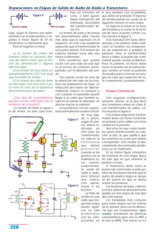 caja, según la batería sea repre-
sentada con el polo positivo o ne-
gativo a masa (figura 4). En las
mediciones es importante que:
Para el negativo a masa:
a) La tensión de emisor del
transistor debe ser bastante alta,
casi del mismo orden que la ten-
sión de alimentación o algunos
volt más baja.
b) La tensión de base debe ser
aproximadamente 0,2V más baja
que la tensión de emisor.
c) La tensión de colector debe
ser bien baja, casi cero volt, o po-
co más en vista de la resistencia
del transformador de salida.
¿Qué tipo de anormalidades
pueden ocurrir verificables por la
medición de la tensión?
-La tensión de base es igual a
la de emisor: en este caso tene-
mos un transistor en
corto, o bien puede
haber interrupción del
bobinado secundario
del transformador dri-
ver (T1).
La tensión de base y de emisor
son anormalmente altas, mucho
más altas que la esperada en el
esquema: en este caso podemos
sospechar que el transformador se
encuentra abierto. Si la tensión de
colector también fuera alta esto
estará confirmado.
Otro problema que puede
ocurrir con una radio de este tipo
es el exceso de consumo acom-
pañado con la distorsión del soni-
do.
Esto puede ocurrir en vista de
la alteración del valor de los resis-
tores de polarización de base. La
reducción del resistor de 1kΩ nor-
malmente reduce el consumo y
con cuidado el reparador puede
llegar a un valor que también re-
sulte en un sonido sin distorsión, sin
afectar mucho el volumen.
Los problemas con los capaci-
tores normalmente vuelven el soni-
do muy agu-
do o grave,
según el caso.
Los valores in-
dicados en
ohm para los
transformado-
res indican la
r e s i s t e n c i a
que deben
p r e s e n t a r
cuando se los
prueba con el
multímetro. Es-
tos valores,
evidentemen-
te, varían de
radio a radio,
pero ofrecen
una indica-
ción aproxi-
mada a los
lectores.
La falta de
sonido en una
radio que ten-
ga esta etapa
puede signifi-
car no sólo
p r o b l e m a s
con los com-
ponentes en
sí, sino también con el parlante,
que debe ser probado. El inyector
de señales puede ser usado de la
siguiente manera en esta etapa:
Se inyecta la señal en la base
del transistor y se conecta el termi-
nal de tierra al punto común, co-
mo muestra la figura 5.
Si la reproducción fuera distor-
sionada o no existiera, debe verifi-
carse el transistor, los componen-
tes de polarización y también el
parlante. Para el transformador
driver y salida, la prueba de conti-
nuidad puede revelar problemas.
Para el parlante, el lector debe
hacer la prueba de la sustitución,
que consiste en tener un parlante
de prueba para conectar en su lu-
gar, en caso que sospeche de es-
te componente, provisoriamente.
SEGUNDA CONFIGURACIÓN
Una segunda configuración,
bastante común, es la que lleva
dos transistores unidos en clase B,
con transformador de salida, co-
mo muestra la figura 6.
Esta etapa exige tanto transfor-
mador driver con toma central de
secundario como salida con toma
central en el primario.
Vea el lector que cada transis-
tor opera simétricamente en rela-
ción al otro, lo que significa que
las tensiones en cada uno deben
corresponder; esto facilita el des-
cubrimiento de eventuales proble-
mas con un multímetro.
En la misma figura mostramos
las tensiones de una etapa típica
de este tipo en que tenemos el
positivo a masa.
El multímetro debe tener la
punta roja conectada al polo po-
sitivo de la batería mientras que la
punta de prueba negra se apoya
en los puntos en que se desea
anotar las tensiones.
Las tensiones de base, colector
y emisor deben ser absolutamente
iguales en una etapa de este tipo
que esté buena.
Los transistores más comunes
para estas etapas son los mismos
de la anterior, pero con la diferen-
cia que son componentes “apa-
reados” (transistores de idénticas
características pero uno es PNP y
el otro es NPN). Este hecho es im-
Reparaciones en Etapas de Salida de Audio de Radio a Transistores
228
Figura 6
Figura 4
Figura 5
 