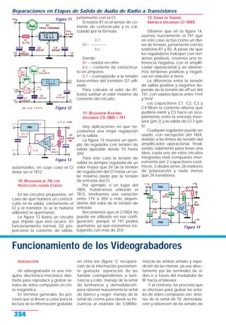 automóviles, en cuyo caso el CI
debe ser el 7812.
10. REGULADOR DE 7A CON
PROTECCIÓN CONTRA CORTOS
En los circuitos propuestos, en
caso de que hubiera un cortocir-
cuito en la salida, ciertamente el
CI y el transistor (si se lo hubiera
utilizado) se quemarían.
La figura 12 ilustra un circuito
que impide que esto ocurra. En
funcionamiento normal, Q2 pro-
porciona la corriente de salida,
juntamente con el CI.
El resistor R1 es el sensor de co-
rriente de cortocircuito y es cal-
culado por la fórmula:
0,7
R1= ————
Icc
Donde:
R1 = resistor en ohm
Icc = corriente de cortocircui-
to en amperes
0,7 = corresponde a la tensión
base-emisor del transistor Q1 utili-
zado.
Para calcular el valor de R1,
basta sustituir el valor máximo de
corriente del circuito.
11. REGULADOR AJUSTABLE
UTILIZANDO CIS 7805 Y 741
Hay aplicaciones en que ne-
cesitamos una mejor regulación
en la salida.
La figura 13 muestra un ejem-
plo de regulador con tensión de
salida ajustable desde 7V hasta
20V.
Para este caso la tensión de
salida es siempre regulada de un
valor mayor que 2V de la tensión
de regulación del CI hasta un va-
lor máximo dado por la tensión
de entrada del CI.
Por ejemplo, si en lugar del
7805, hubiéramos utilizado el
7815, tendríamos una variación
entre 17V a 20V o más, depen-
diente del valor de la tensión de
entrada.
Recordamos que el CI7824 no
puede ser utilizado en esa confi-
guración, porque el 741 podría
quemarse, ya que estaríamos tra-
bajando con más de 25V.
12. FUENTE DE TENSIÓN
SIMÉTRICA UTILIZANDO CI 78XX
Observe que en la figura 14,
usamos nuevamente el 741 que
en este caso actúa como un divi-
sor de tensión, juntamente con los
resistores R1 y R2. A pesar de que
los reguladores trabajan con ten-
siones positivas, creamos una re-
ferencia negativa con el amplifi-
cador operacional y así obtene-
mos tensiones positivas y negati-
vas en relación a tierra.
La diferencia entre la tensión
de salida positiva y negativa de-
pende de la tensión de off-set del
741, con valores típicos entre 1mV
y 5mV.
Los capacitores C1, C2, C3 y
C4 filtran la corriente alterna que
pudiera existir y C5 hace un aco-
plamiento entre la entrada inver-
sora (pin 2) y la salida de CI-3 (pin
6).
Cualquier regulador puede ser
usado, con excepción del 7824,
debido a los límites de tensión del
amplificador operacional. Finali-
zando, solamente para tener una
idea, cada uno de estos circuitos
integrados está compuesto inter-
namente por 2 capacitores cerá-
micos, 3 diodos zéner, 26 resistores
de polarización y nada menos
que 24 transistores.
Reparaciones en Etapas de Salida de Audio de Radio a Transistores
234
Figura 11
Figura 12
Figura 13
Figura 14
Funcionamiento de los Videograbadores
INTRODUCCIÓN
Un videograbador es una má-
quina electrónico-mecánica dise-
ñada para reproducir y grabar se-
ñales de video compuesto en cin-
ta magnética.
En términos generales, los pro-
cesos que se llevan a cabo para la
lectura de la información grabada
en cinta son (figura 1): recupera-
ción de la información previamen-
te grabada; separación de las
bandas correspondientes a lumi-
nancia y color; manejo de la señal
de luminancia y demodulación,
para obtener nuevamente la señal
de blanco y negro; manejo de la
señal de croma para elevar su fre-
cuencia al estándar de 3,58MHz;
mezcla de ambas señales y expe-
dición de las mismas, ya sea direc-
tamente por las terminales de vi-
deo o a través del modulador de
RF hacia el televisor.
Y al contrario, los procesos que
se efectúan para grabar las seña-
les de video compuesto son: sinto-
nía de la señal de TV, demodula-
ción y obtención de las señales de
 