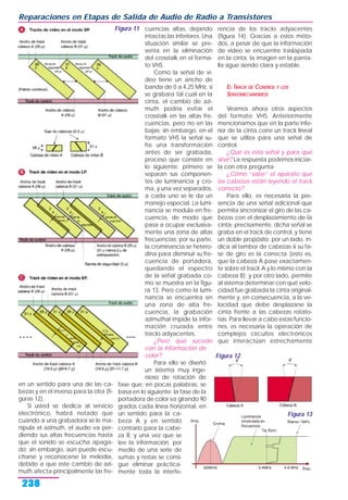 en un sentido para una de las ca-
bezas y en el inverso para la otra (fi-
guras 12).
Si usted se dedica al servicio
electrónico, habrá notado que
cuando a una grabadora se le ma-
nipula el azimuth, el audio va per-
diendo sus altas frecuencias hasta
que el sonido se escucha apaga-
do; sin embargo, aún puede escu-
charse y reconocerse la melodía,
debido a que este cambio de azi-
muth afecta principalmente las fre-
cuencias altas, dejando
intactas las inferiores. Una
situación similar se pre-
senta en la eliminación
del crosstalk en el forma-
to VHS.
Como la señal de vi-
deo tiene un ancho de
banda de 0 a 4,25 MHz, si
se grabara tal cual en la
cinta, el cambio de azi-
muth podría evitar el
crosstalk en las altas fre-
cuencias, pero no en las
bajas; sin embargo, en el
formato VHS la señal su-
fre una transformación
antes de ser grabada,
proceso que consiste en
lo siguiente: primero se
separan sus componen-
tes de luminancia y cro-
ma, y una vez separados,
a cada uno se le da un
manejo especial. La lumi-
nancia se modula en fre-
cuencia, de modo que
pasa a ocupar exclusiva-
mente una zona de altas
frecuencias; por su parte,
la crominancia se hetero-
dina para disminuir su fre-
cuencia de portadora,
quedando el espectro
de la señal grabada co-
mo se muestra en la figu-
ra 13. Pero como la lumi-
nancia se encuentra en
una zona de alta fre-
cuencia, la grabación
azimuthal impide la infor-
mación cruzada entre
tracks adyacentes.
¿Pero qué sucede
con la información de
color?
Para ello se diseñó
un sistema muy inge-
nioso de rotación de
fase que, en pocas palabras, se
basa en lo siguiente: la fase de la
portadora de color va girando 90
grados cada línea horizontal, en
un sentido para la ca-
beza A y en sentido
contrario para la cabe-
za B; y una vez que se
lee la información, por
medio de una serie de
sumas y restas se consi-
gue eliminar práctica-
mente toda la interfe-
rencia de los tracks adyacentes
(figura 14). Gracias a estos méto-
dos, a pesar de que la información
de video se encuentre traslapada
en la cinta, la imagen en la panta-
lla sigue siendo clara y estable.
EL TRACK DE CONTROL Y LOS
SERVOMECANISMOS
Veamos ahora otros aspectos
del formato VHS. Anteriormente
mencionamos que en la parte infe-
rior de la cinta corre un track lineal
que se utiliza para una señal de
control.
¿Qué es esta señal y para qué
sirve? La respuesta podemos iniciar-
la con otra pregunta:
¿Cómo “sabe” el aparato que
las cabezas están leyendo el track
correcto?
Para ello, es necesaria la pre-
sencia de una señal adicional que
permita sincronizar el giro de las ca-
bezas con el desplazamiento de la
cinta; precisamente, dicha señal se
graba en el track de control, y tiene
un doble propósito: por un lado, in-
dica al tambor de cabezas si su fa-
se de giro es la correcta (esto es,
que la cabeza A pase exactamen-
te sobre el track A y lo mismo con la
cabeza B); y por otro lado, permite
al sistema determinar con qué velo-
cidad fue grabada la cinta original-
mente y, en consecuencia, a la ve-
locidad que debe desplazarse la
cinta frente a las cabezas rotato-
rias. Para llevar a cabo estas funcio-
nes, es necesaria la operación de
complejos circuitos electrónicos
que interactúan estrechamente
Reparaciones en Etapas de Salida de Audio de Radio a Transistores
238
Figura 11
Figura 13
Figura 12
 