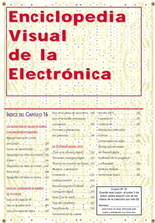 INDICE DEL CAPITULO 16
LOCALIZACION DE FALLAS EN ETAPAS
CON MICROPROCESADORES
Bloques básicos de control
para los µP .........................................244
Fuente de alimentación...................245
Diagnóstico de fallas en la fuente..245
El reset.................................................246
Diagnóstico de fallas en el reset.....246
Reloj del µP.........................................246
Diagnóstico de fallas en el reloj......247
USOS DEL GENERADOR DE BARRAS
DE TV COLOR
Usos en la salida de RF.....................249
Usos en la salida de FI.......................249
Usos en la salida de video ...............249
Usos en la salidas de sincronismo....249
Usos en el barrido entrelazado
y progresivo........................................249
Funciones y prestaciones
del generador ...................................249
LA TELEVISION DIGITAL (DTV)
¿Qué es la televisión digital?...........252
Conversión analógico/digital..........252
Teorema de muestreo de Nyquist...253
Muestreo, cuantización
y resolución .......................................253
Codificación A/D..............................253
Recomendaciones CCIR-601 ..........254
Compresión digital............................254
Reducción de datos.........................254
Tipos de compresión.........................255
Transformación ..................................255
Transformación de coseno
discreta (DCT)....................................255
Cuantización ....................................255
Codificación......................................255
Método de codificación
Huffman..............................................255
Compresiones de audio...................255
Normas internacionales
de televisión digital...........................256
Transmisión de TV progresiva
y entrelazada.....................................256
Formatos múltiples.............................256
Comentarios finales ..........................256
Cupón Nº 16
Guarde este cupón: al juntar 3 de
éstos, podrá adquirir uno de los
videos de la colección por sólo $5
Nombre: ____________________
para hacer el canje, fotocopie este
cupón y entréguelo con otros dos.
EnciclopediaEnciclopedia
VVisualisual
de lade la
ElectrónicaElectrónica
 